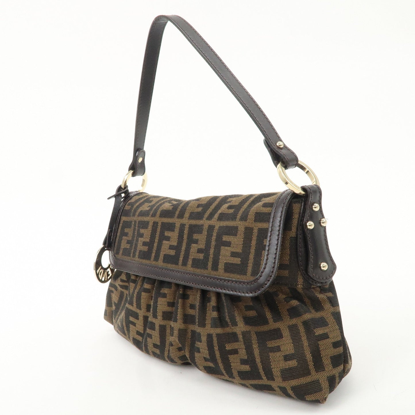 FENDI Zucca Canvas Leather Shoulder Bag Beige Brown 8BR445