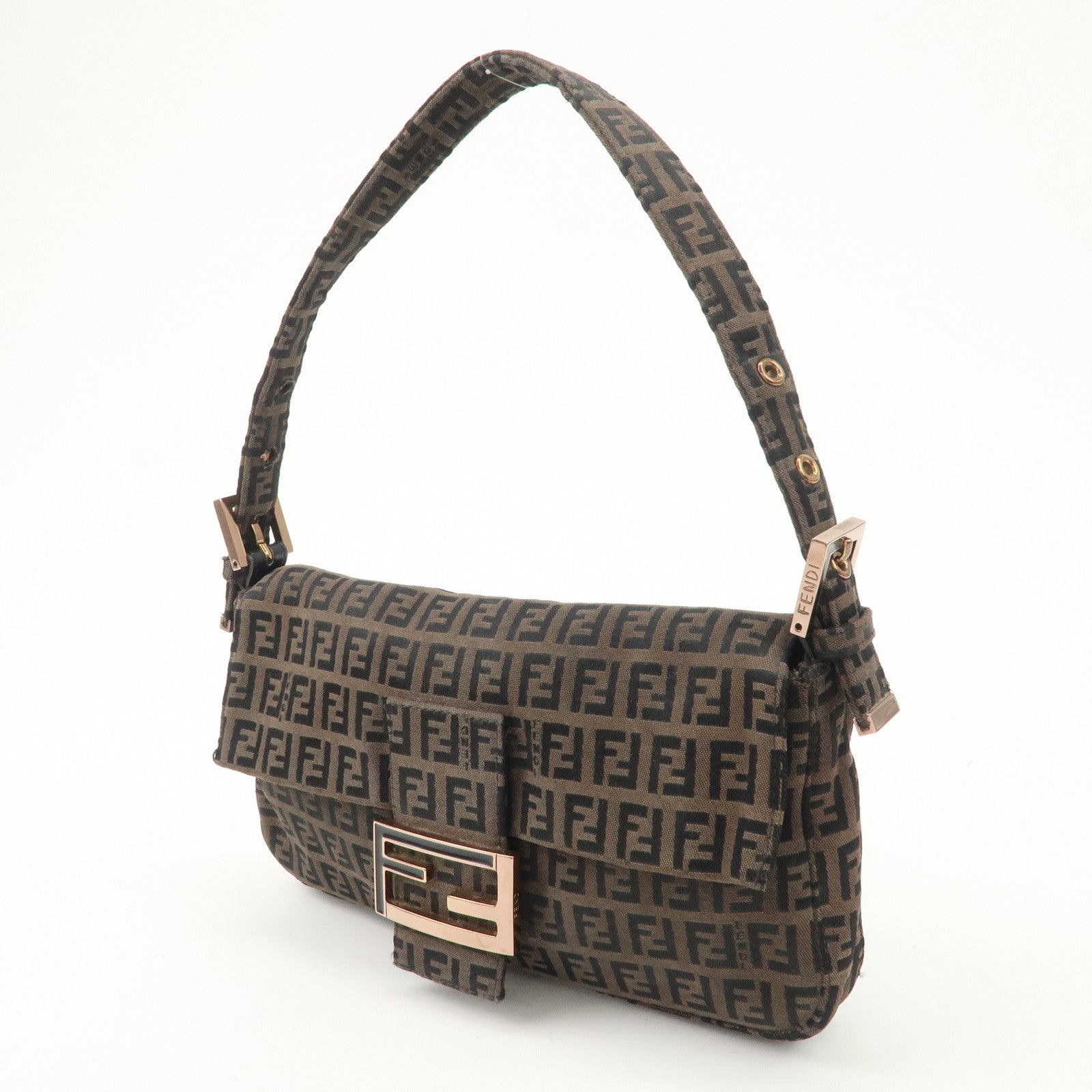 FENDI Mamma Baguette Canvas Shoulder Bag Brown Black 26424