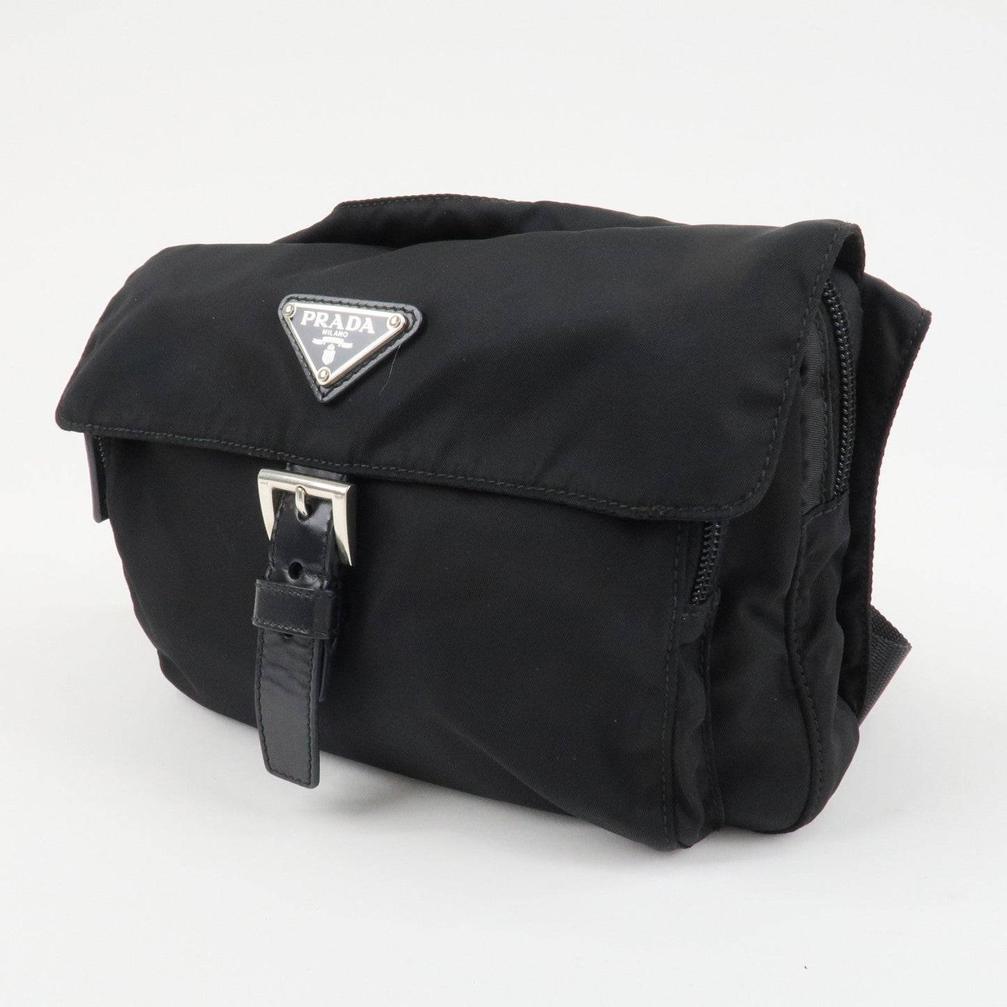 PRADA Triangle Logo Nylon Leather Shoulder Bag Black
