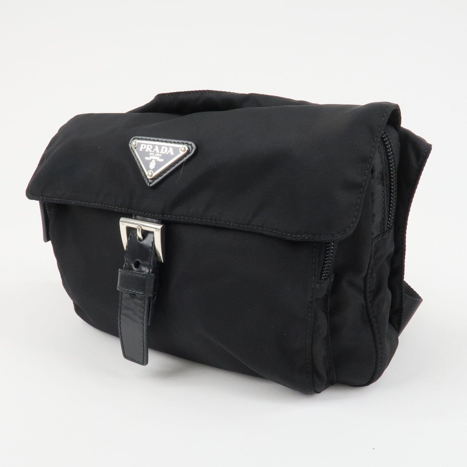 PRADA Triangle Logo Nylon Leather Shoulder Bag Black