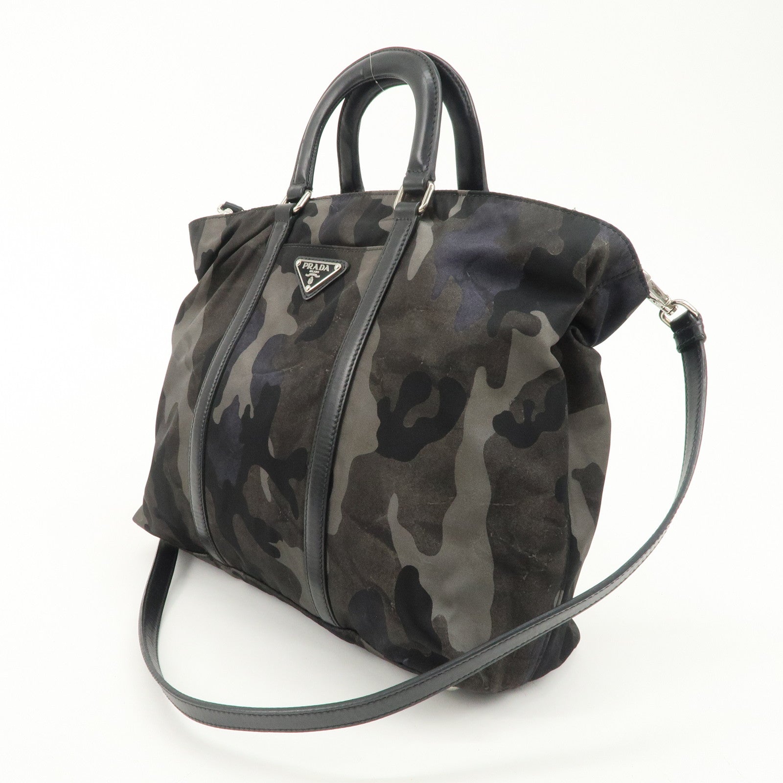 PRADA Nylon Leather 2Way Hand Bag Camouflage Khaki Black BN2791