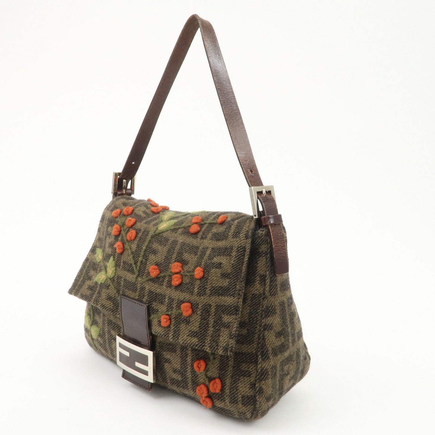 FENDI Mamma Baguette Wool Leather Shoulder Bag Tree Motif Khaki