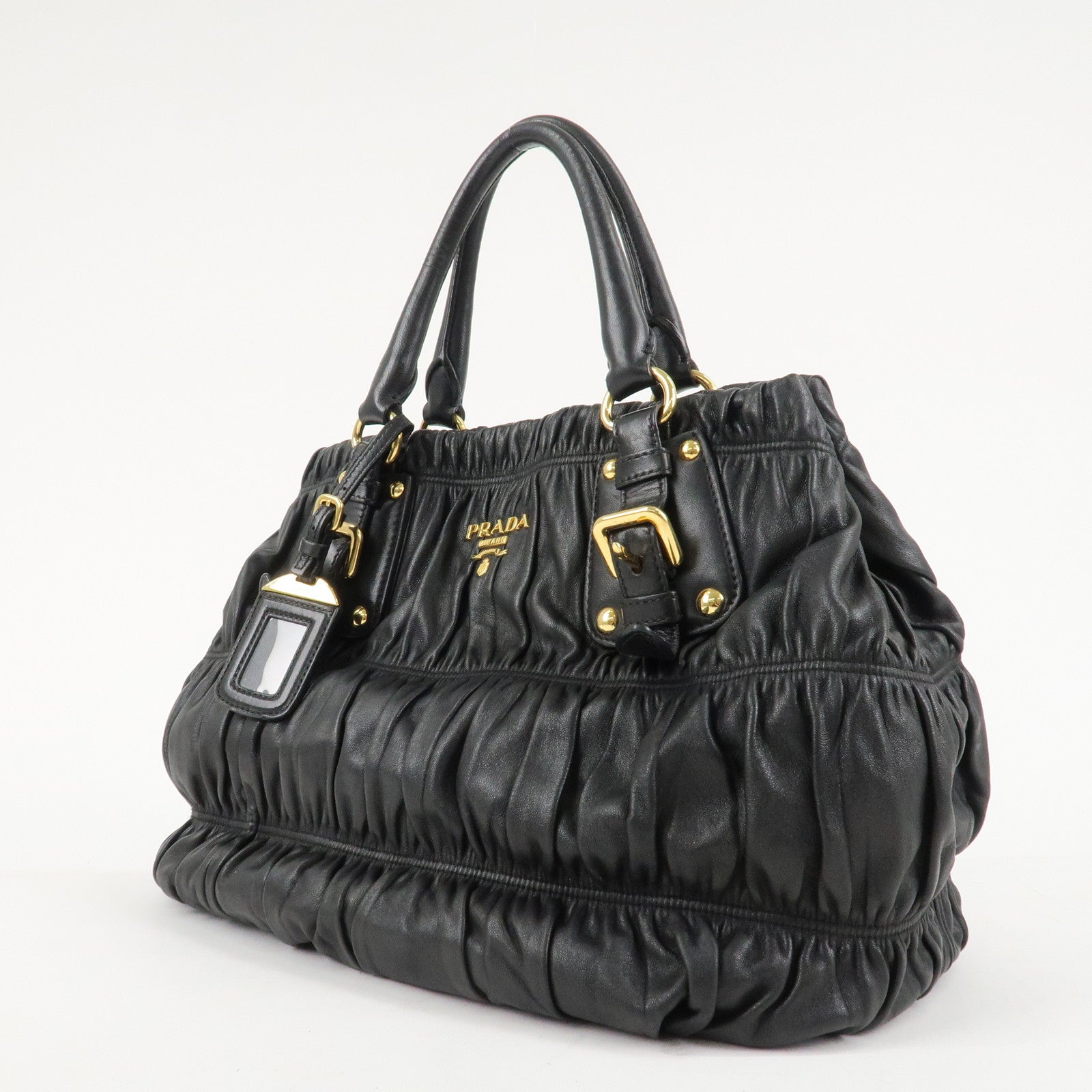PRADA Leather 2Way Bag Hand Bag Shoulder Bag Black Gold HDW