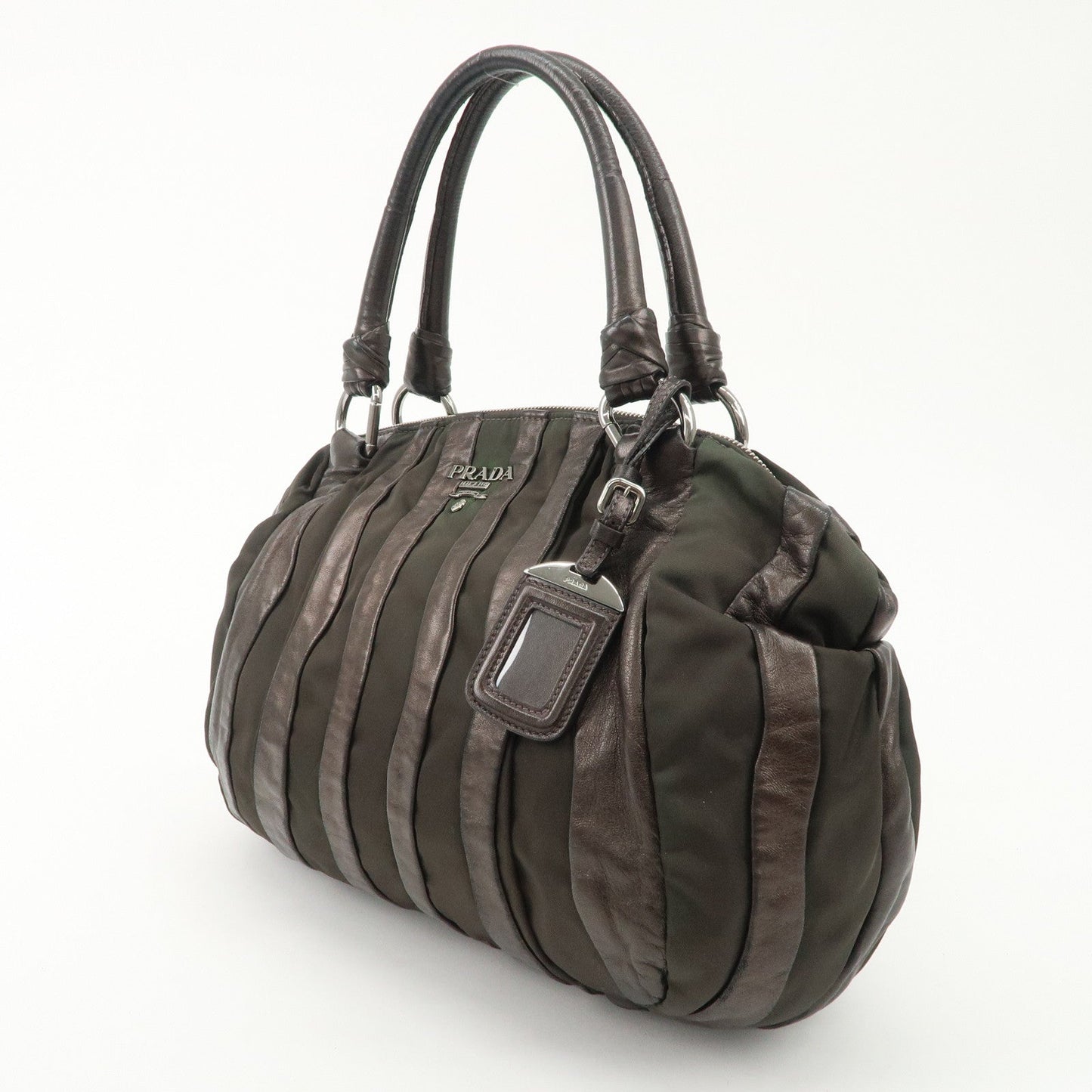 PRADA Logo Nylon Leather Stripe Tote Bag Hand Bag Brown BL0538