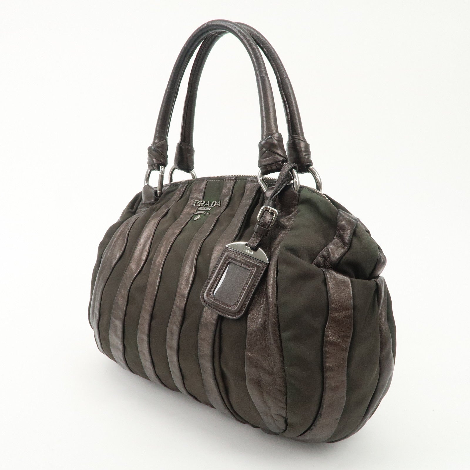 PRADA Logo Nylon Leather Stripe Tote Bag Hand Bag Brown BL0538