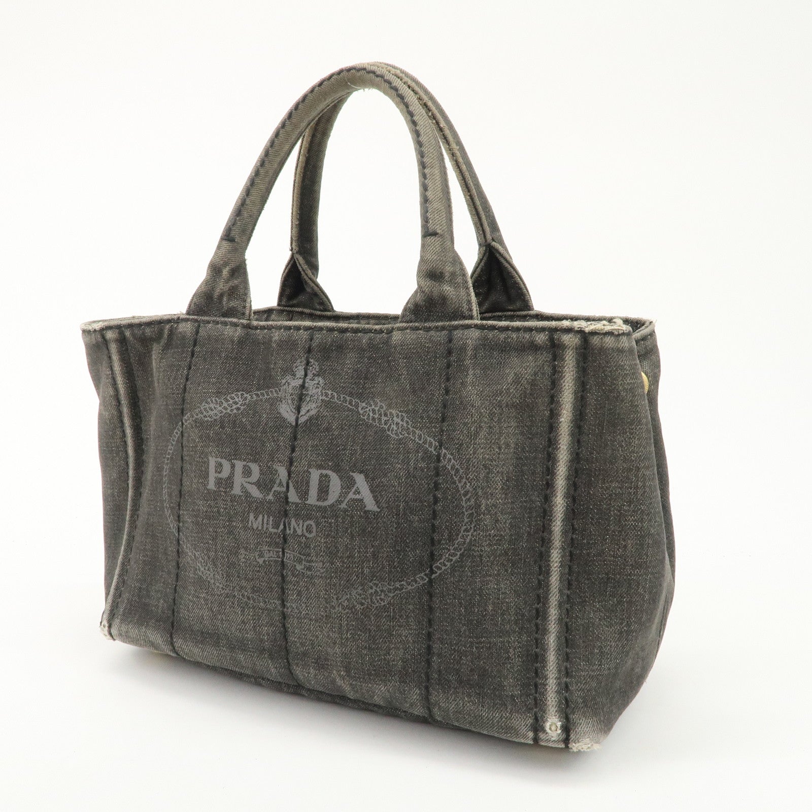 PRADA Canapa Mini Denim Hand Bag Tote Bag Black 1BG439