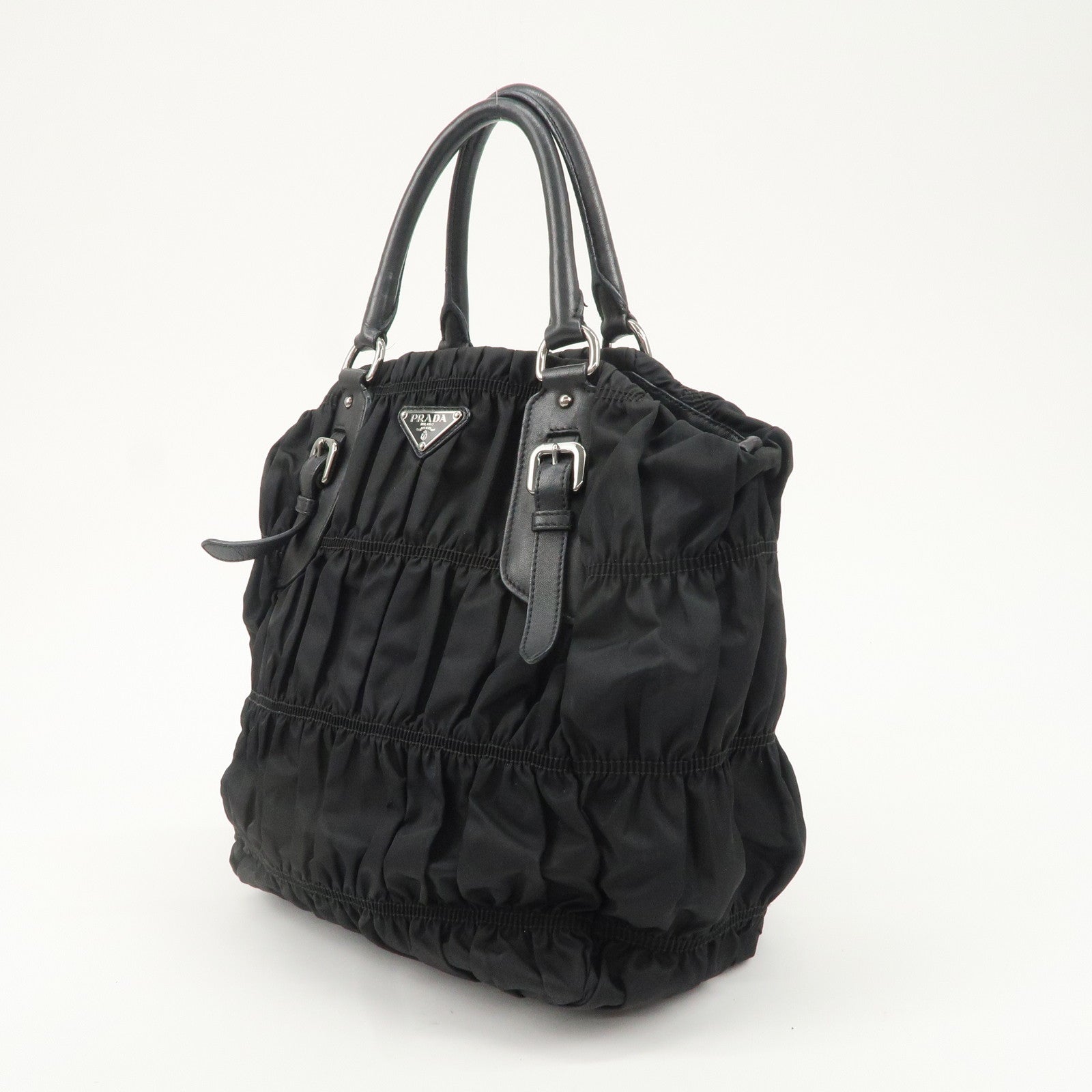 PRADA Logo Nylon Leather Gathered Shoulder Bag BN1616