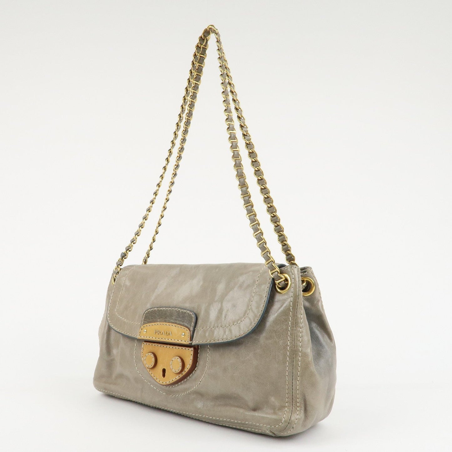 PRADA Leather Chain Shoulder Bag Gray BR4657