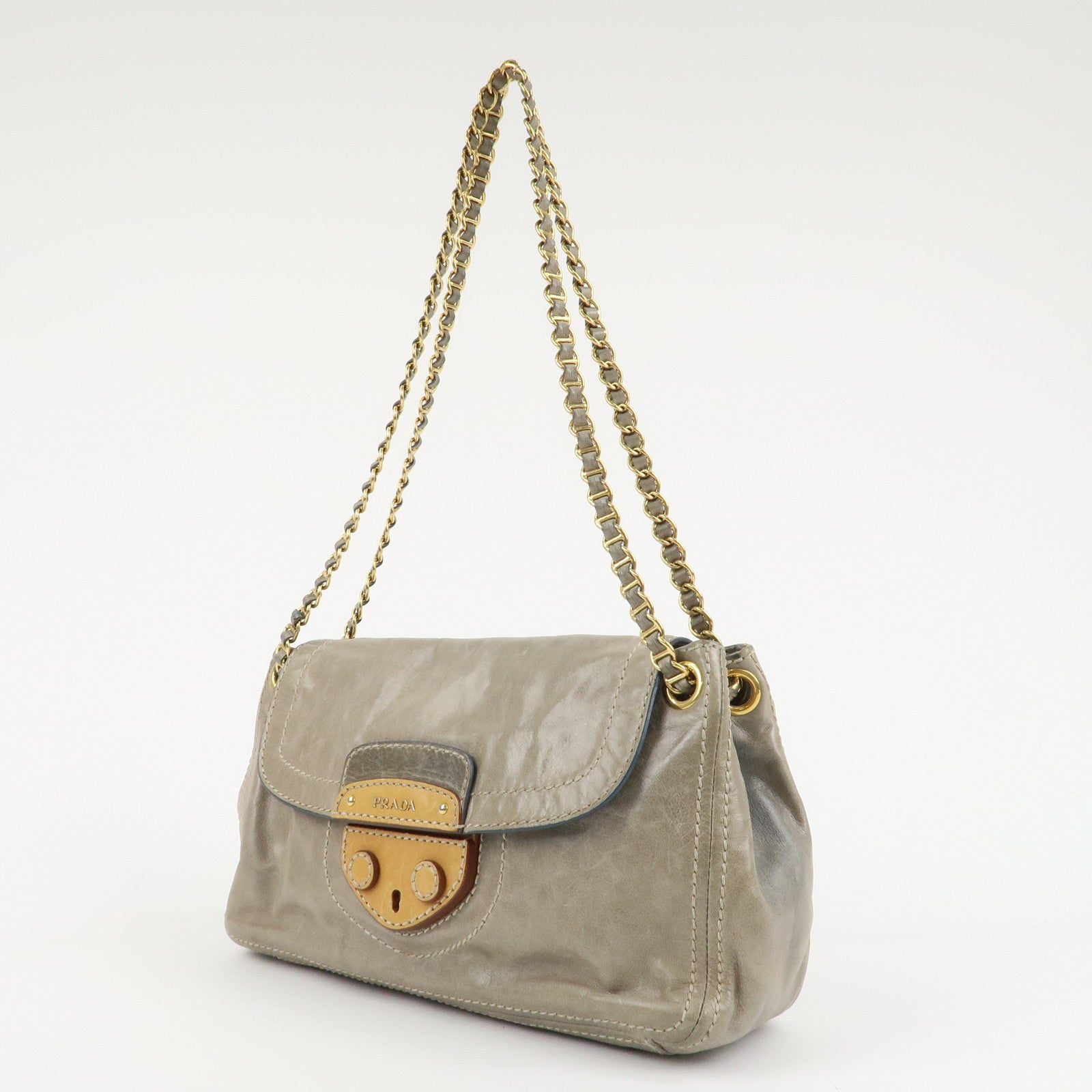 PRADA Leather Chain Shoulder Bag Gray BR4657