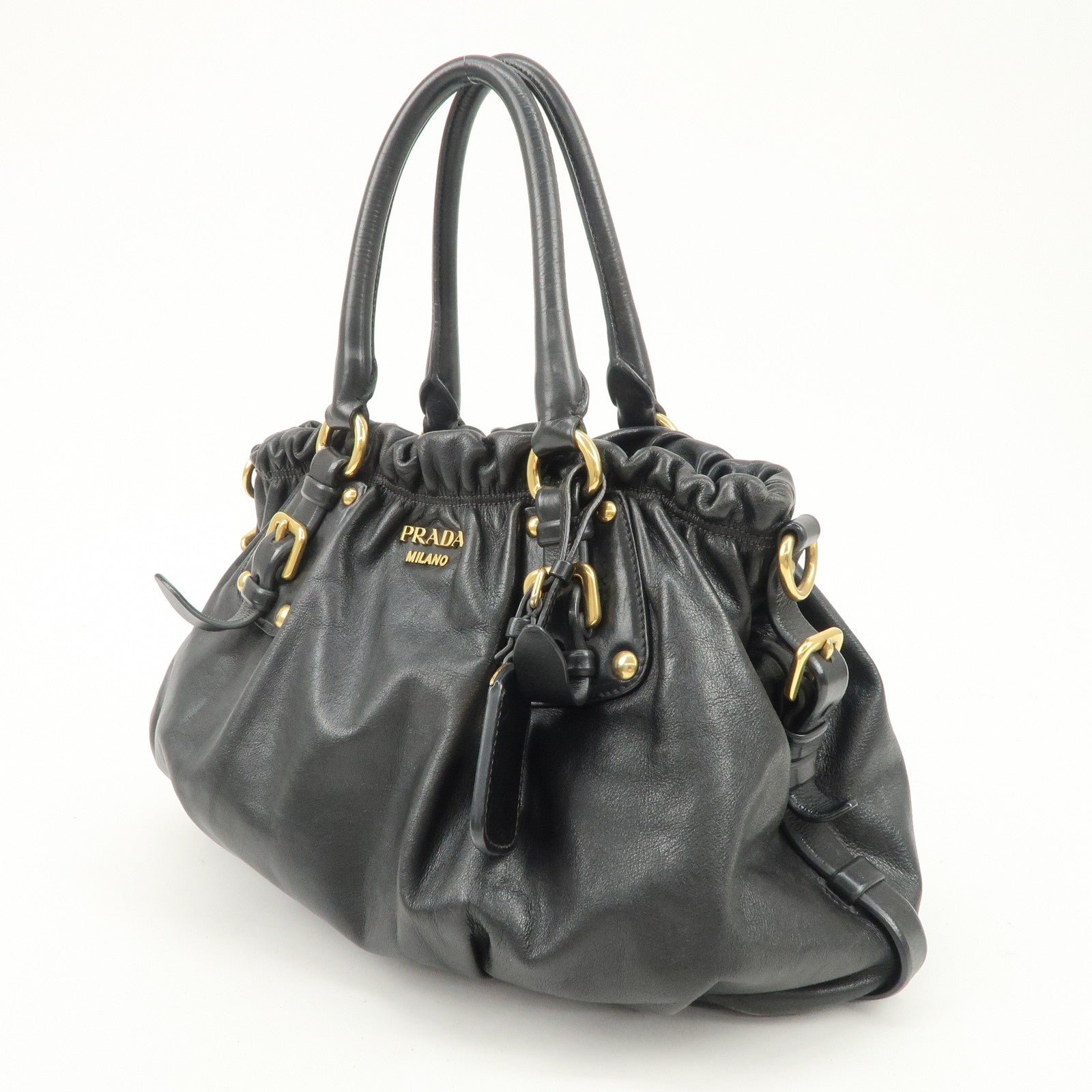 PRADA Logo Leather Gathered Hand Bag Black Gold HDW BR4259