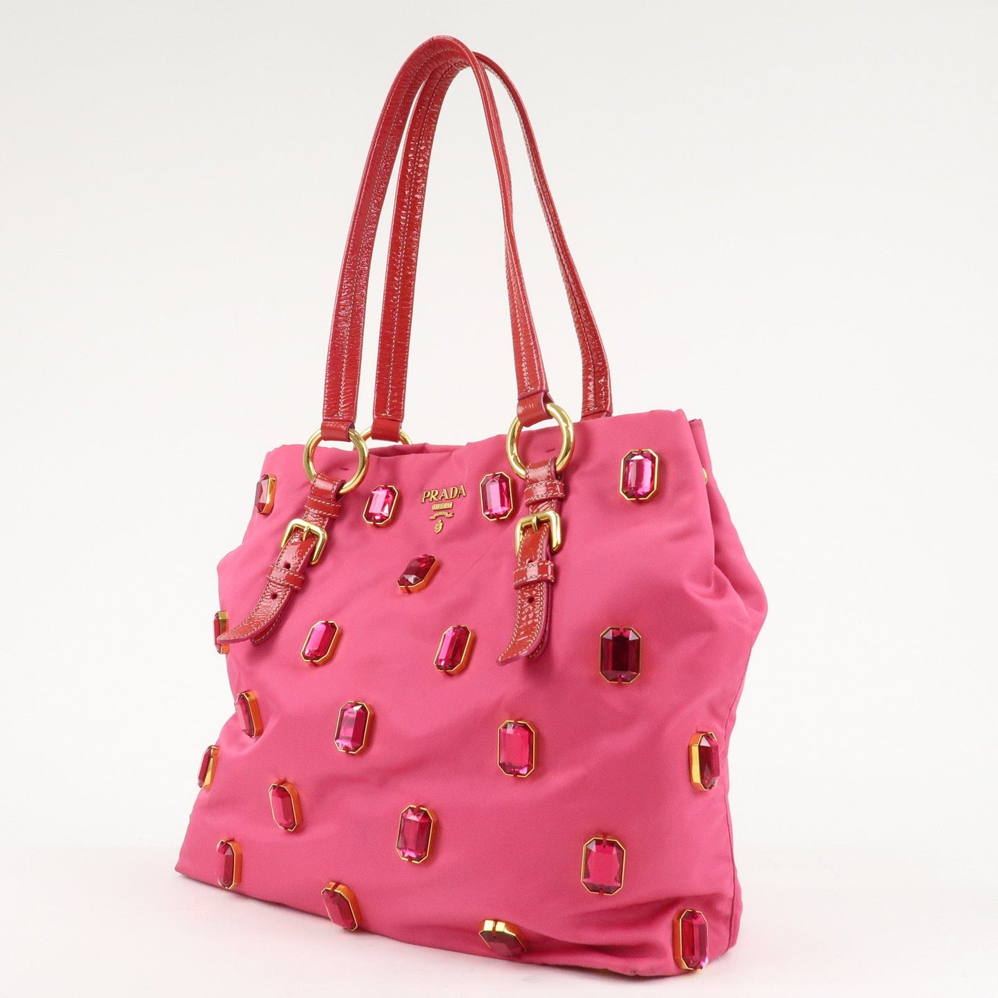 PRADA Nylon Patent Leather Bijou Tote Bag Pink Red BR4138
