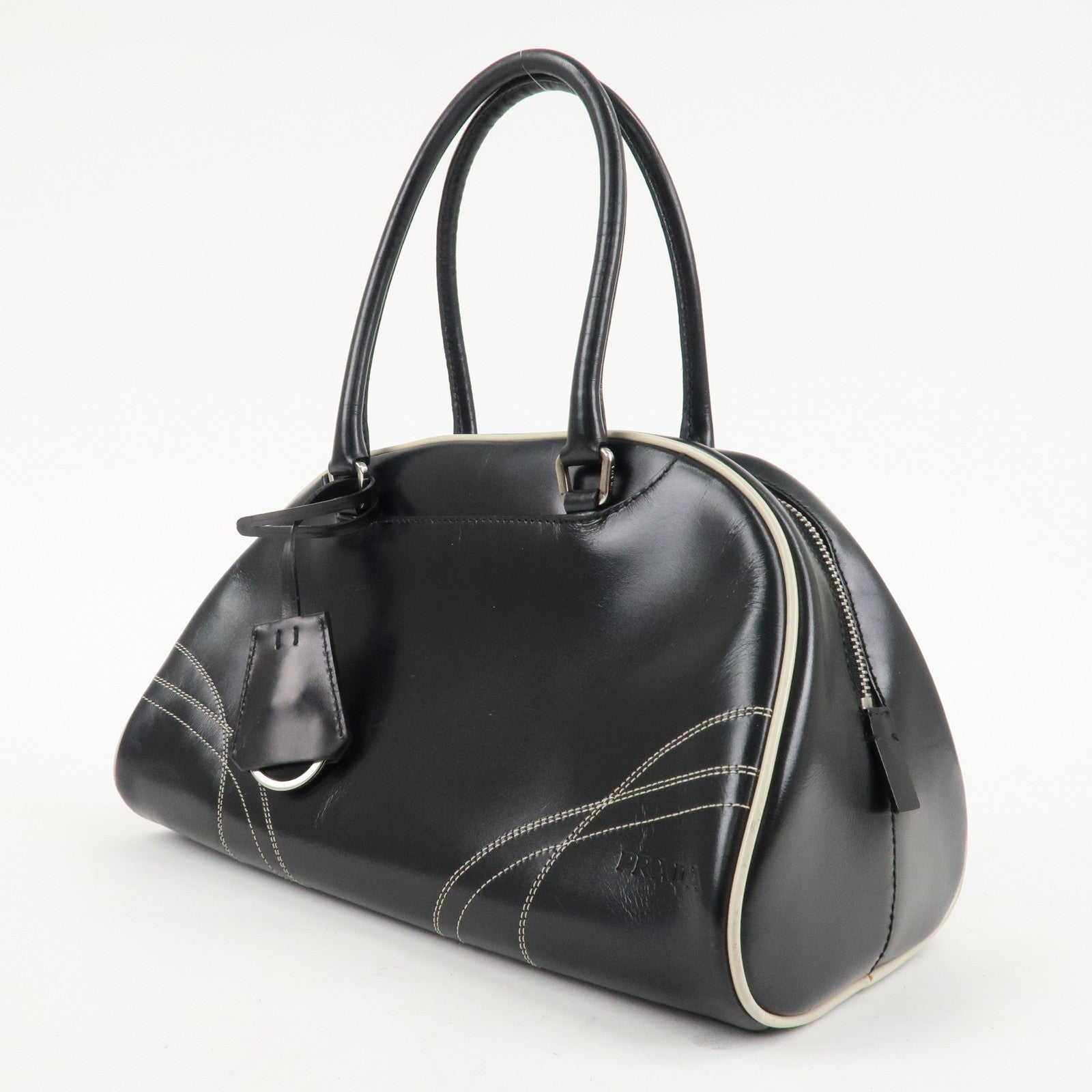 PRADA Leather Mini Boston Bag Shoulder Bag Black Silver HDW
