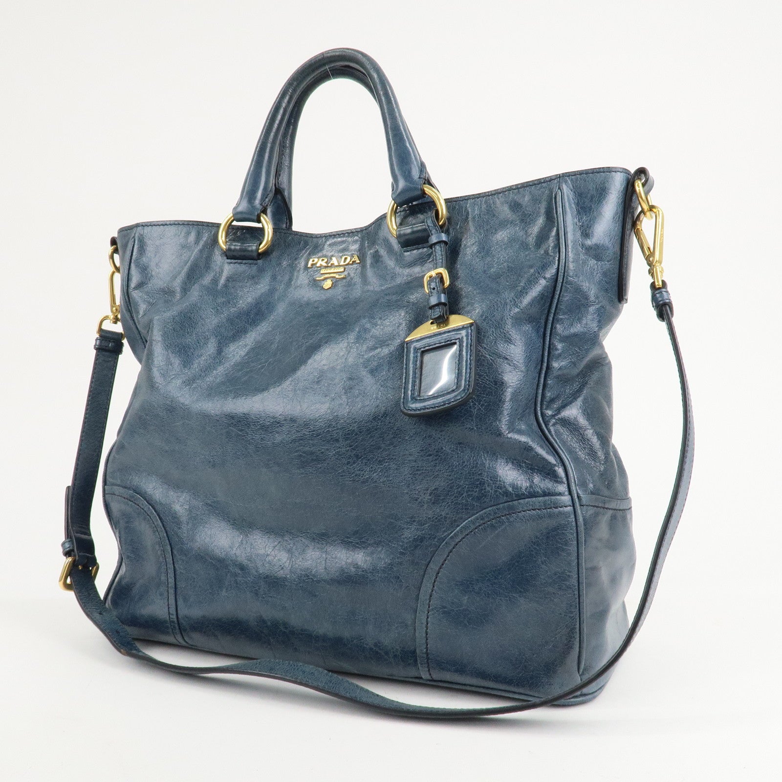 PRADA Leather 2Way Bag Hand Bag Shoulder Bag Blue BN2325