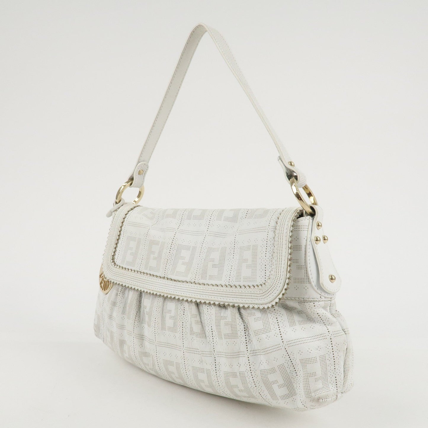 FENDI Zucca Leather Shoulder Bag Hand Bag White 8BR445