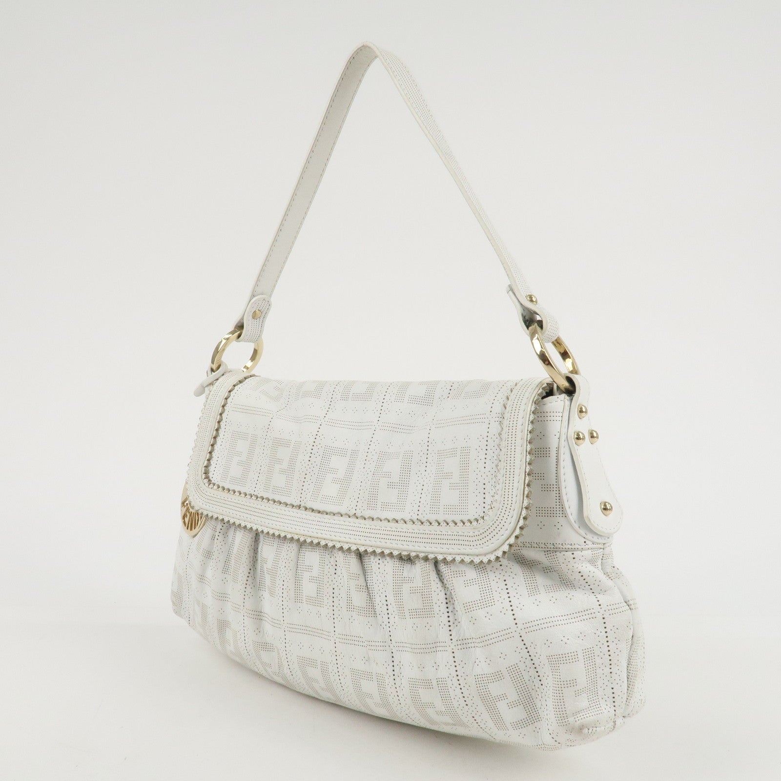 FENDI Zucca Leather Shoulder Bag Hand Bag White 8BR445