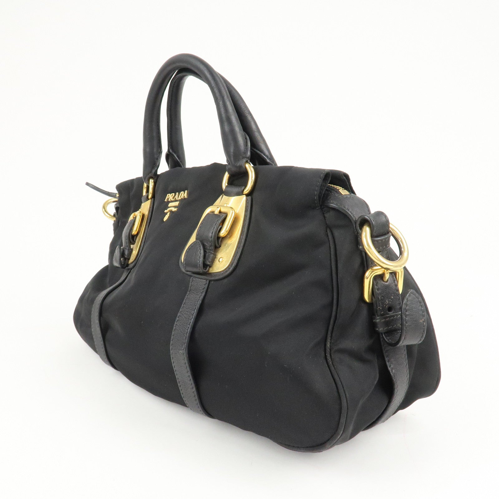 PRADA Logo Nylon Leather 2Way Shoulder Bag Black Gold HDW BN1903