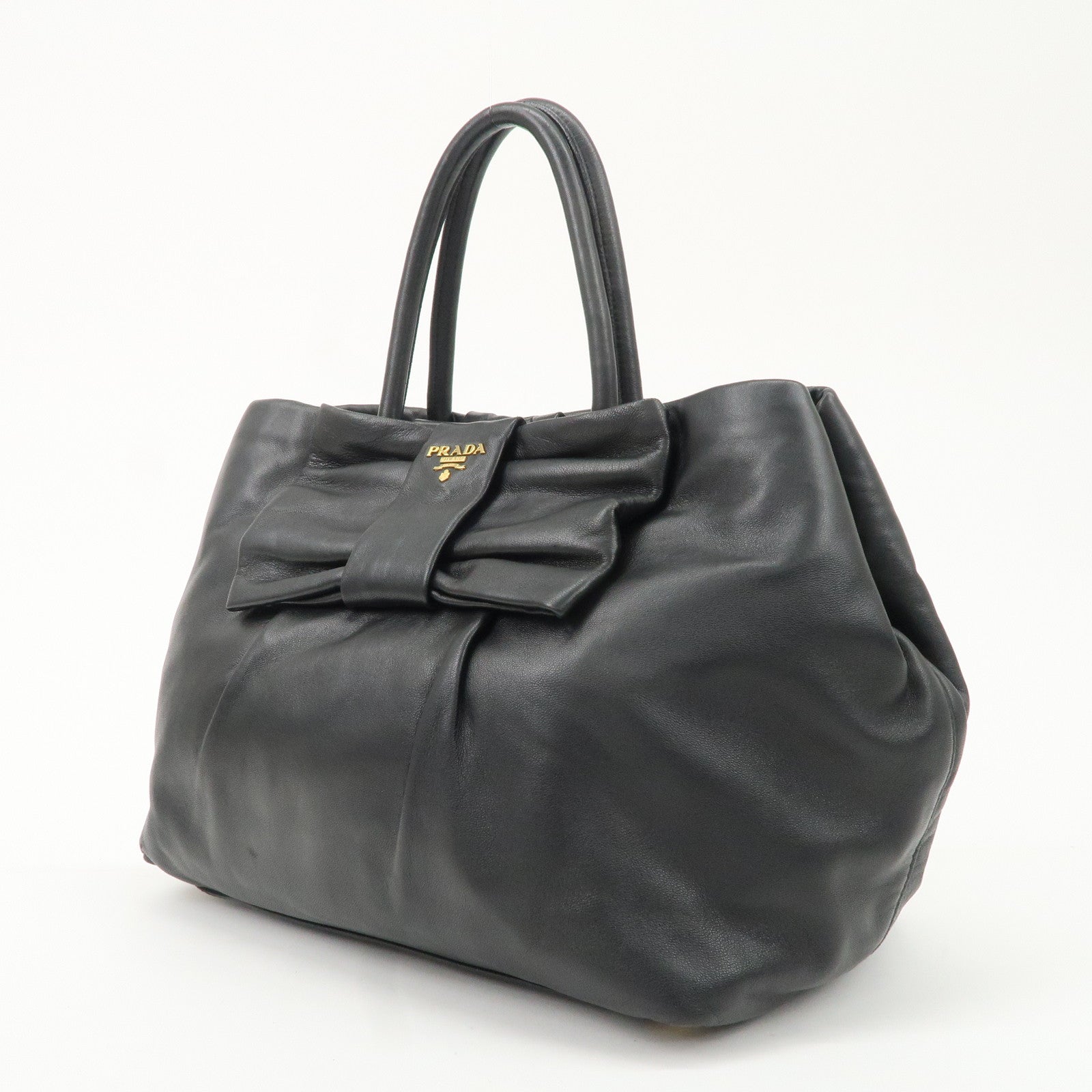 PRADA Leather Ribbon Tote Bag Hand Bag NERO Black BN1601