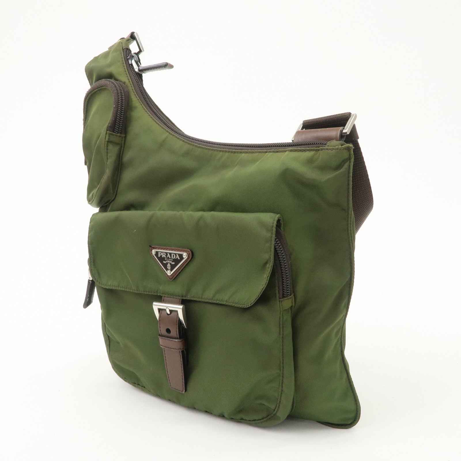 PRADA Triangle Logo Nylon Leather Shoulder Bag Crossbody Bag Khaki