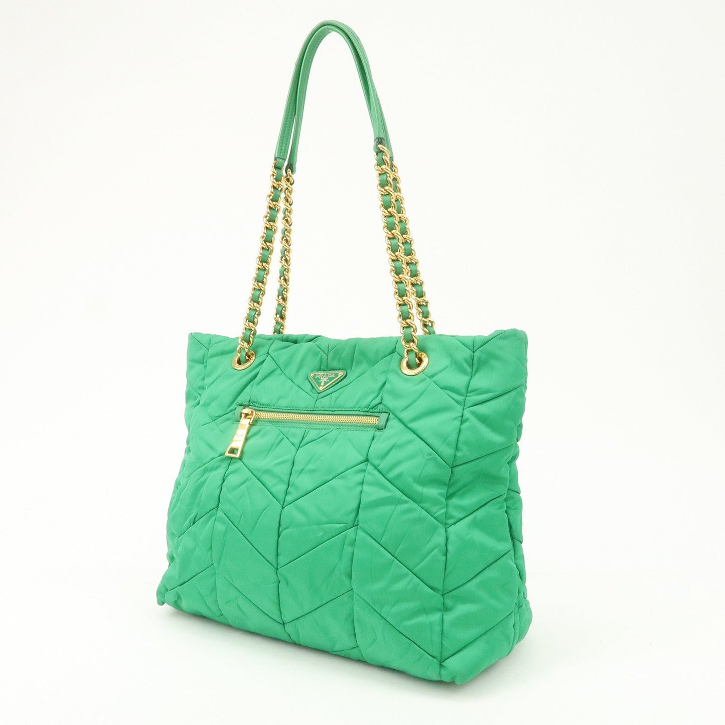 PRADA Triangle Logo Nylon Leather Chain Tote Bag Green BR4383