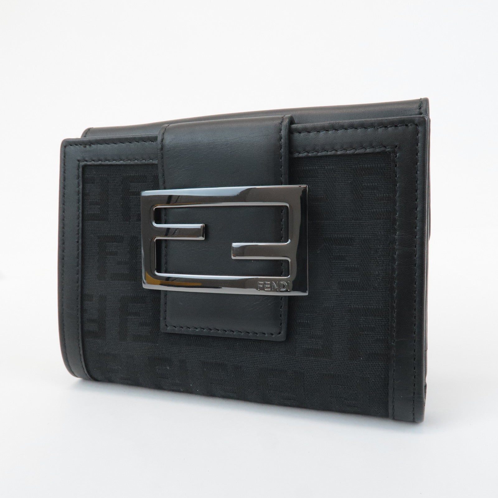FENDI Zucchino Canvas Leather Double Hook Wallet Black 8M0035