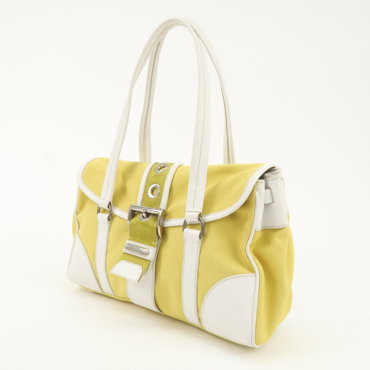 PRADA Triangle Logo Canvas Leather Shoulder Bag Yellow Silver HDW