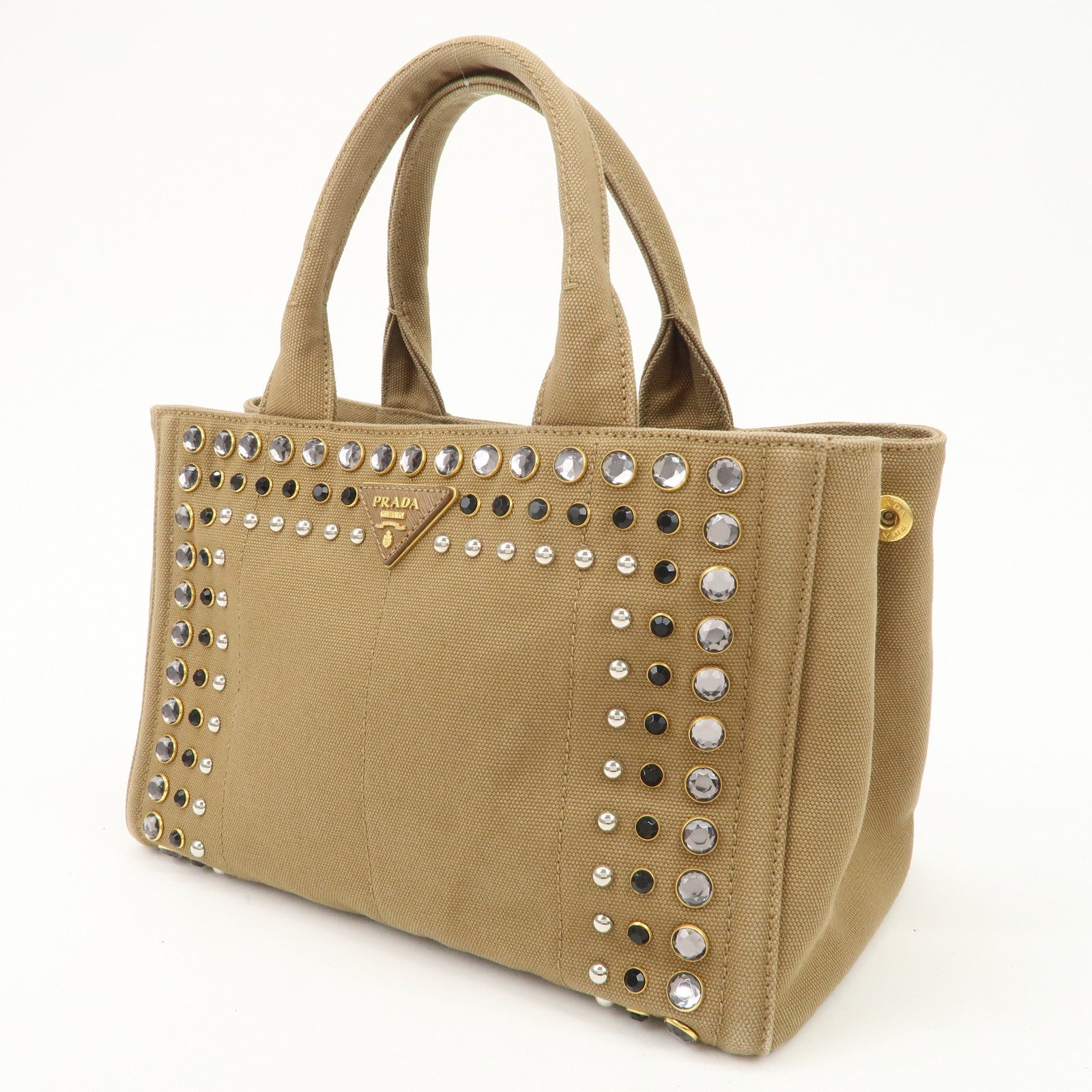 PRADA Logo Canapa Canvas Bijou Studs 2Way Hand Tote Bag Brown