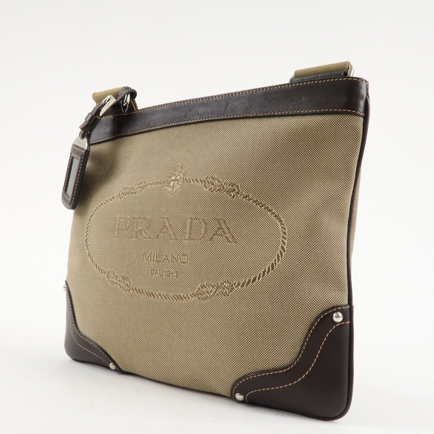 PRADA Logo Jacquard Leather Shoulder Bag Beige Dark Brown M506A