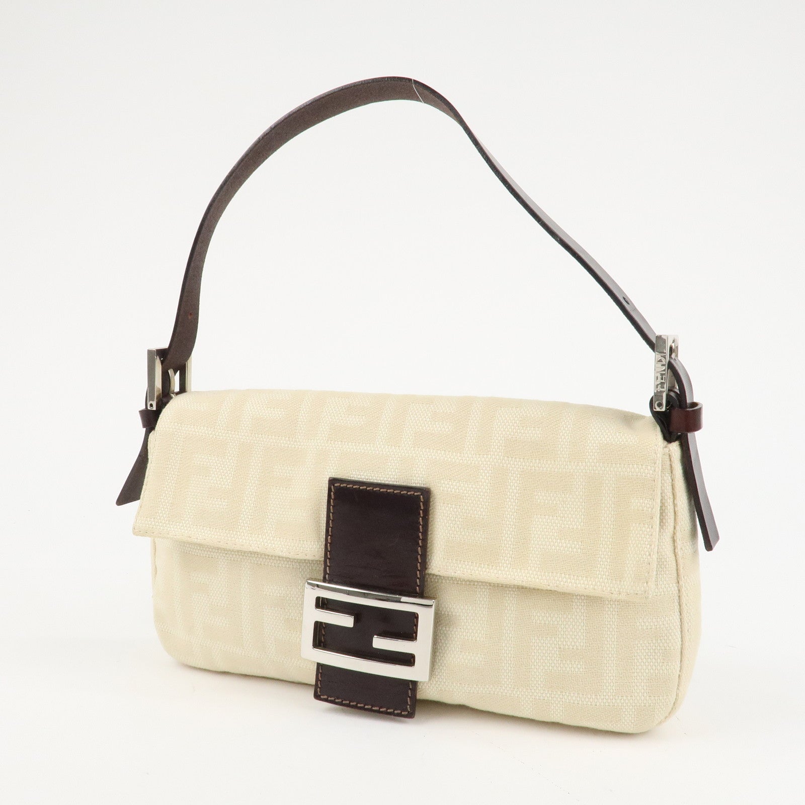 FENDI Mamma Baguette Zucca Canvas Shoulder Bag Beige White 26424