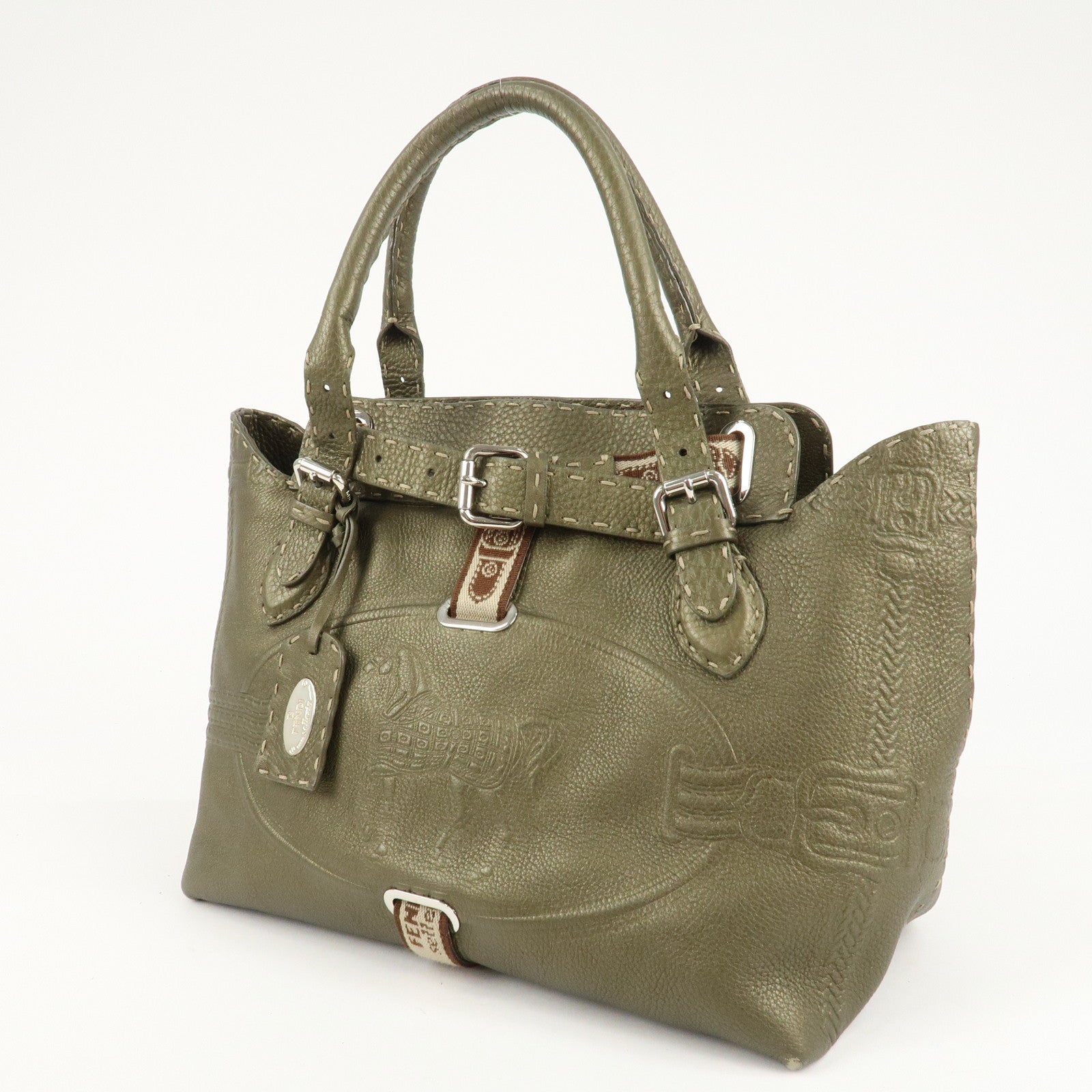 FENDI Selleria Leather Tote Bag Shoulder Bag Khaki 8BN155