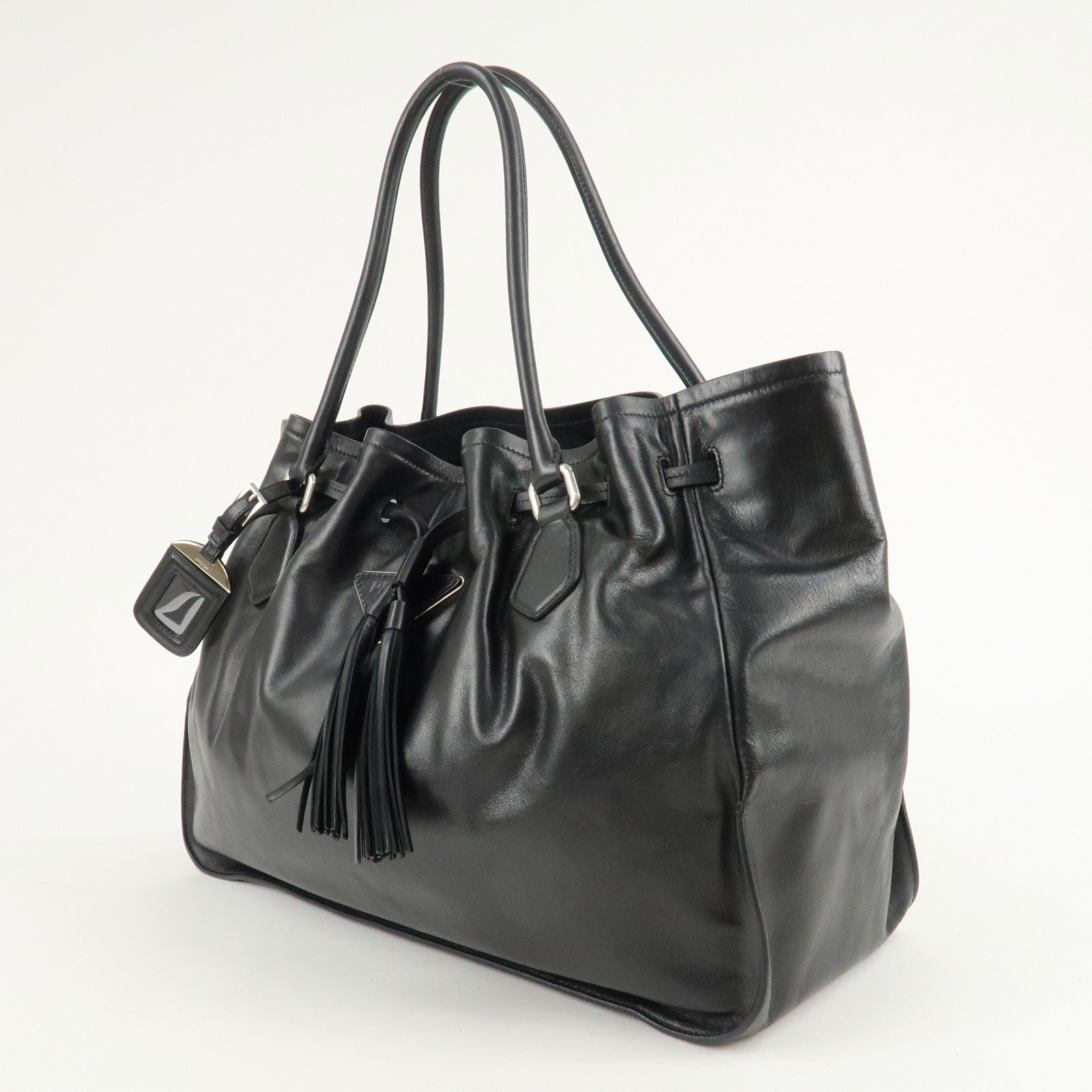 PRADA Leather Tote Bag Shoulder Bag Black BR3616