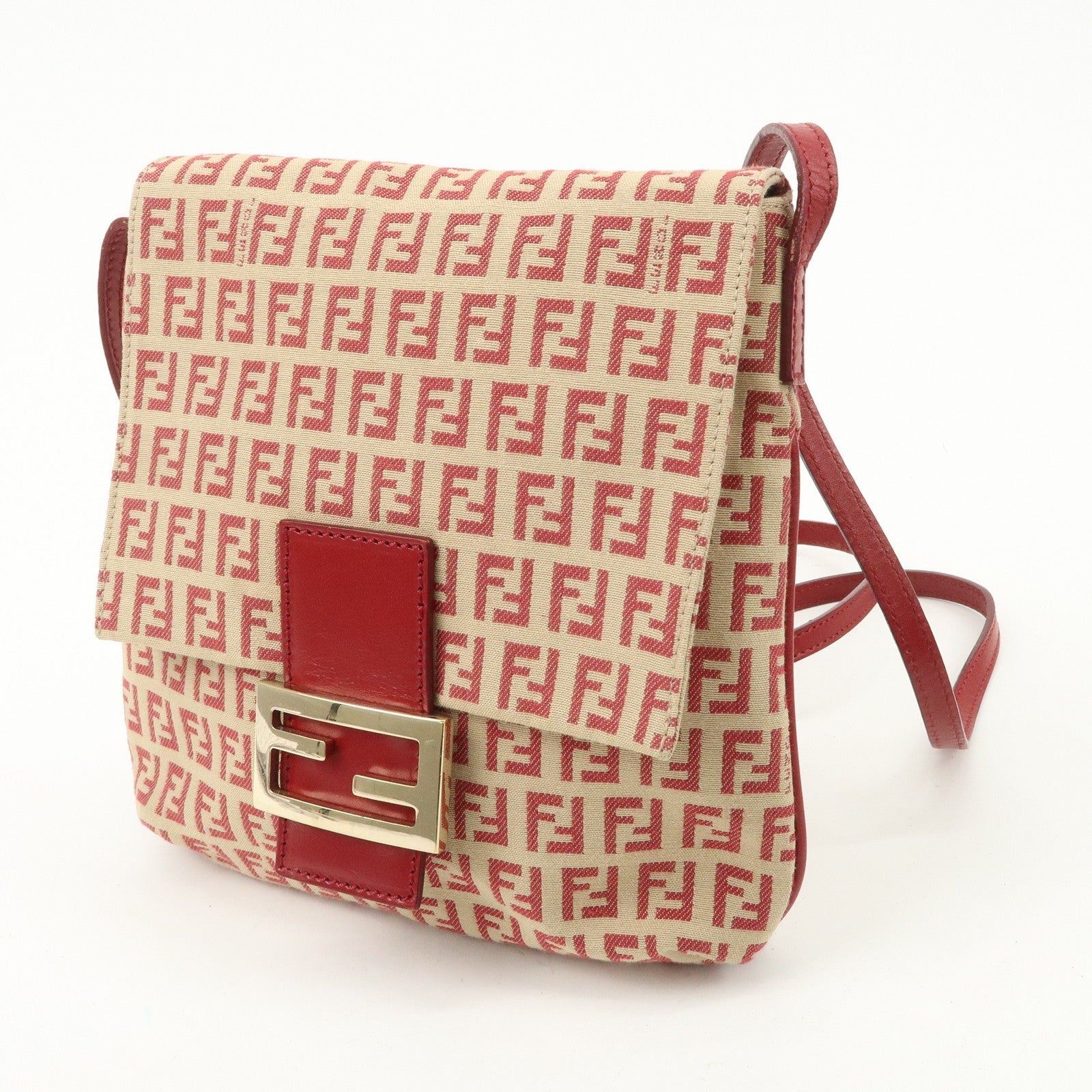 FENDI Zucchino Canvas Leather Shoulder Bag Beige Red 8BT075