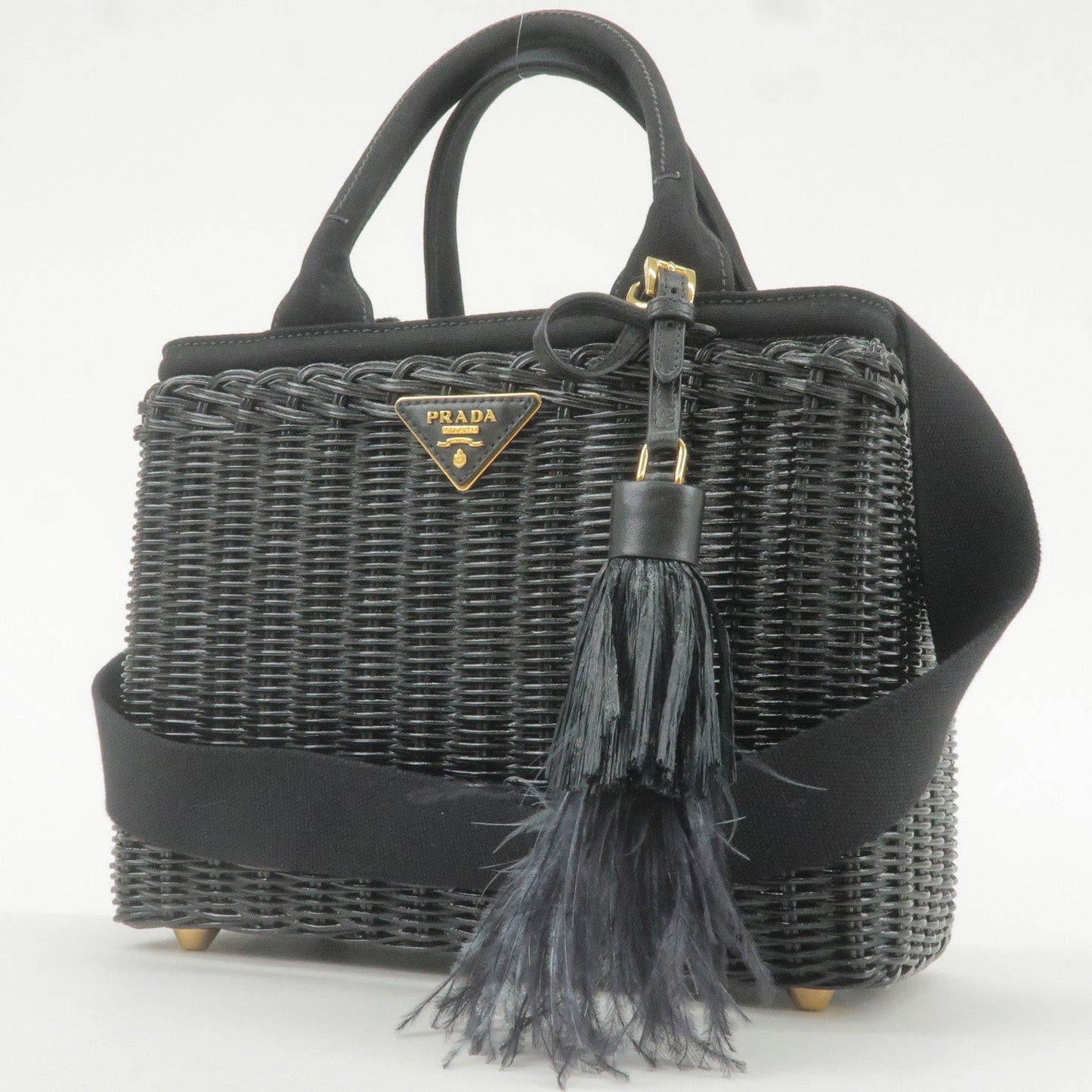 PRADA Wicker Canvas 2Way Basket Bag Hand Bag Black