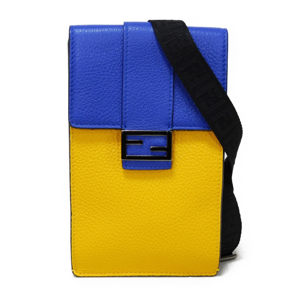 FENDI Shoulder Bag 7AS120 E1C F1H8N Calf leather (embossed) Blue x Yellow x Red Tricolor Pochette Un FF logo F is forever phone holder unisex(Unisex)
