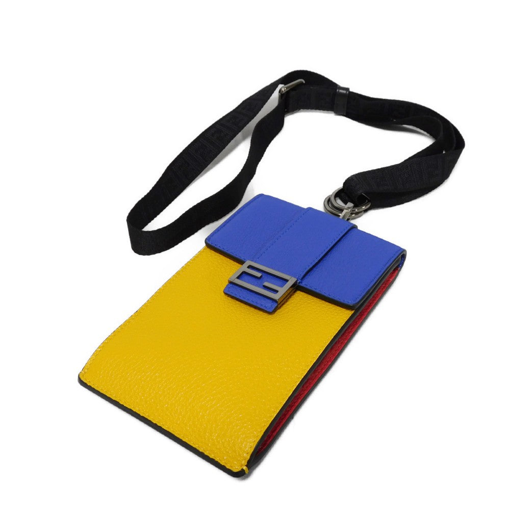 FENDI Shoulder Bag 7AS120 E1C F1H8N Calf leather (embossed) Blue x Yellow x Red Tricolor Pochette Un FF logo F is forever phone holder unisex(Unisex)