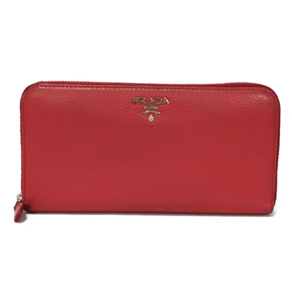 PRADA Long Wallet Purse 1ML506 2E8V F001 Calf leather Rosso Red Zip Around logo metal Vitello Phoenix Zip Around Wallet unisex(Unisex)