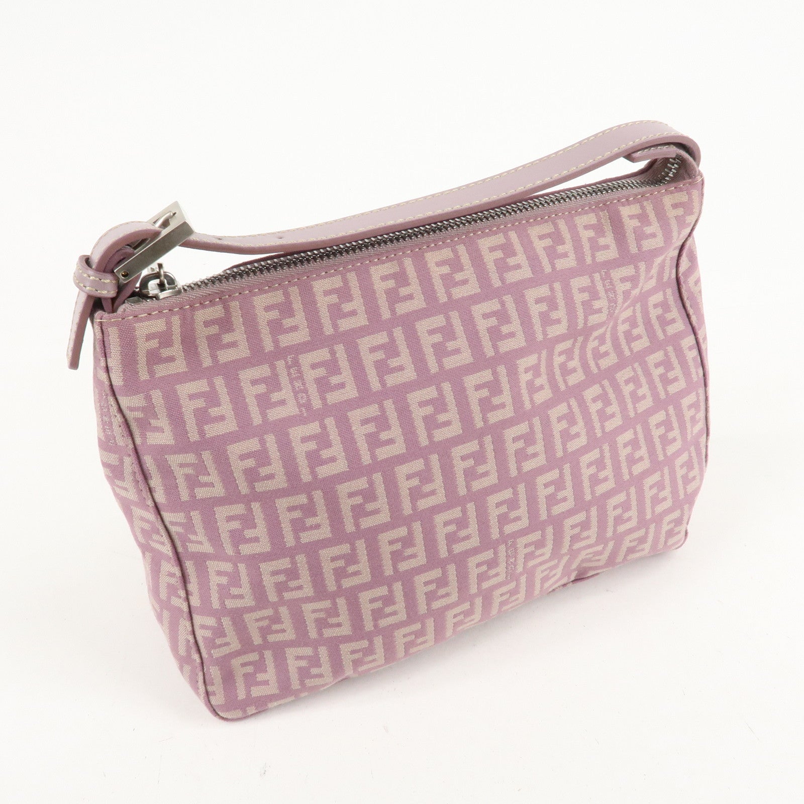 Auth FENDI Zucchino Canvas Leather Hand Bag Pouch Purple Beige 8N0005 F/S