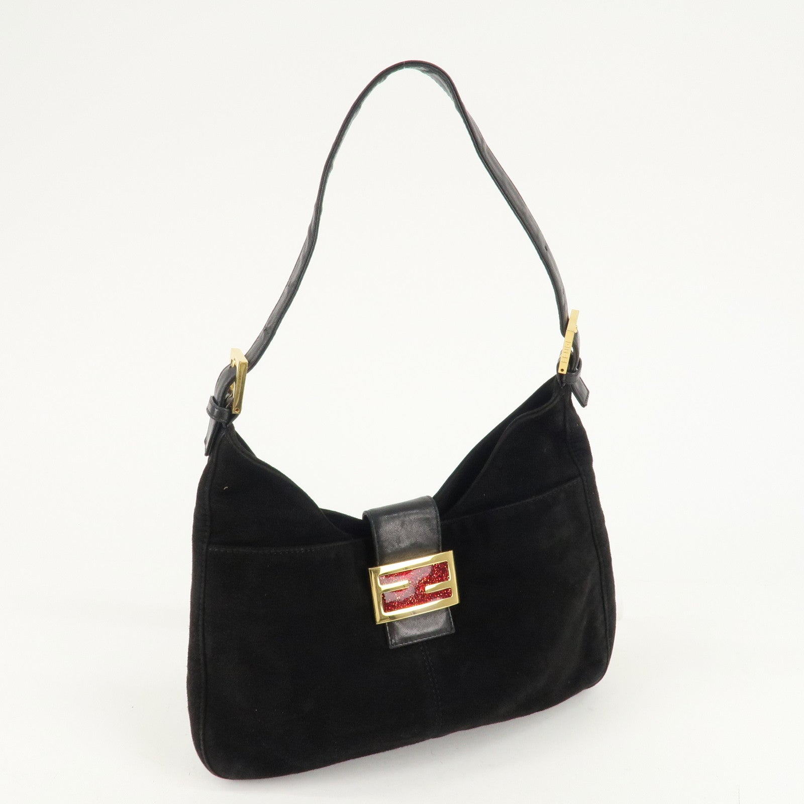 FENDI Suede Leather Shoulder Bag Black 26569