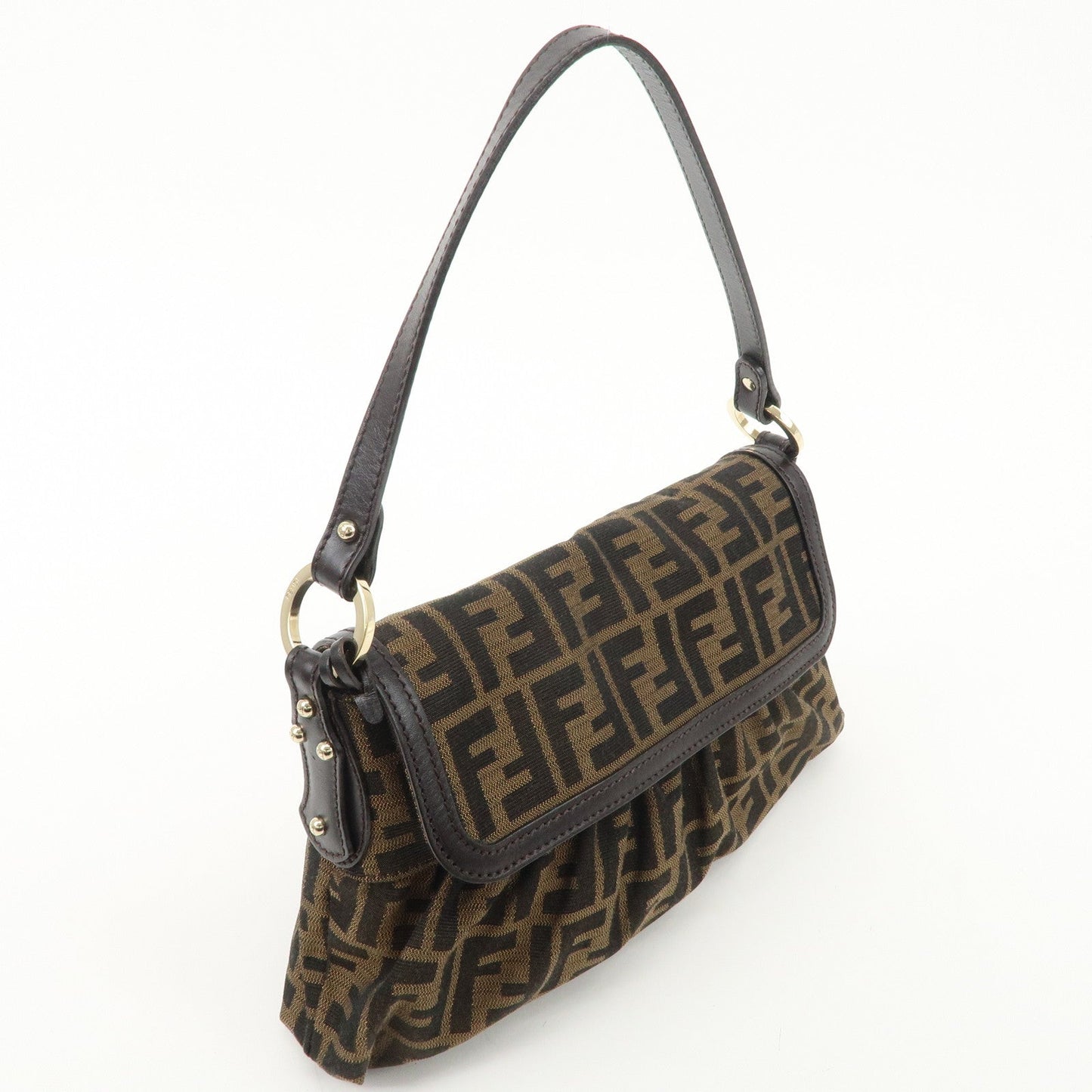 FENDI Zucca Canvas Leather Shoulder Bag Beige Brown 8BR445