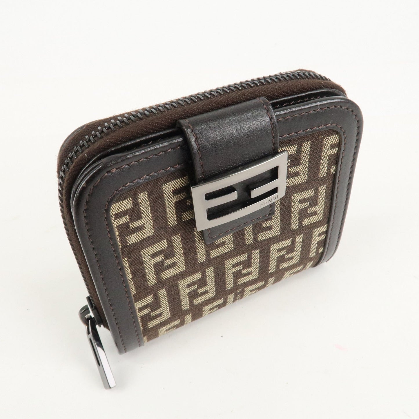 FENDI Zucchino Canvas Leather Zippy Around Bi-fold Wallet