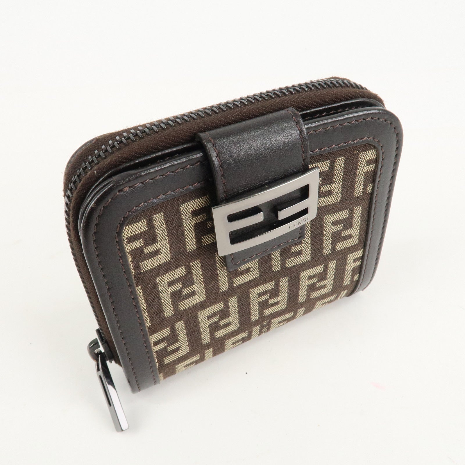 FENDI Zucchino Canvas Leather Zippy Around Bi-fold Wallet