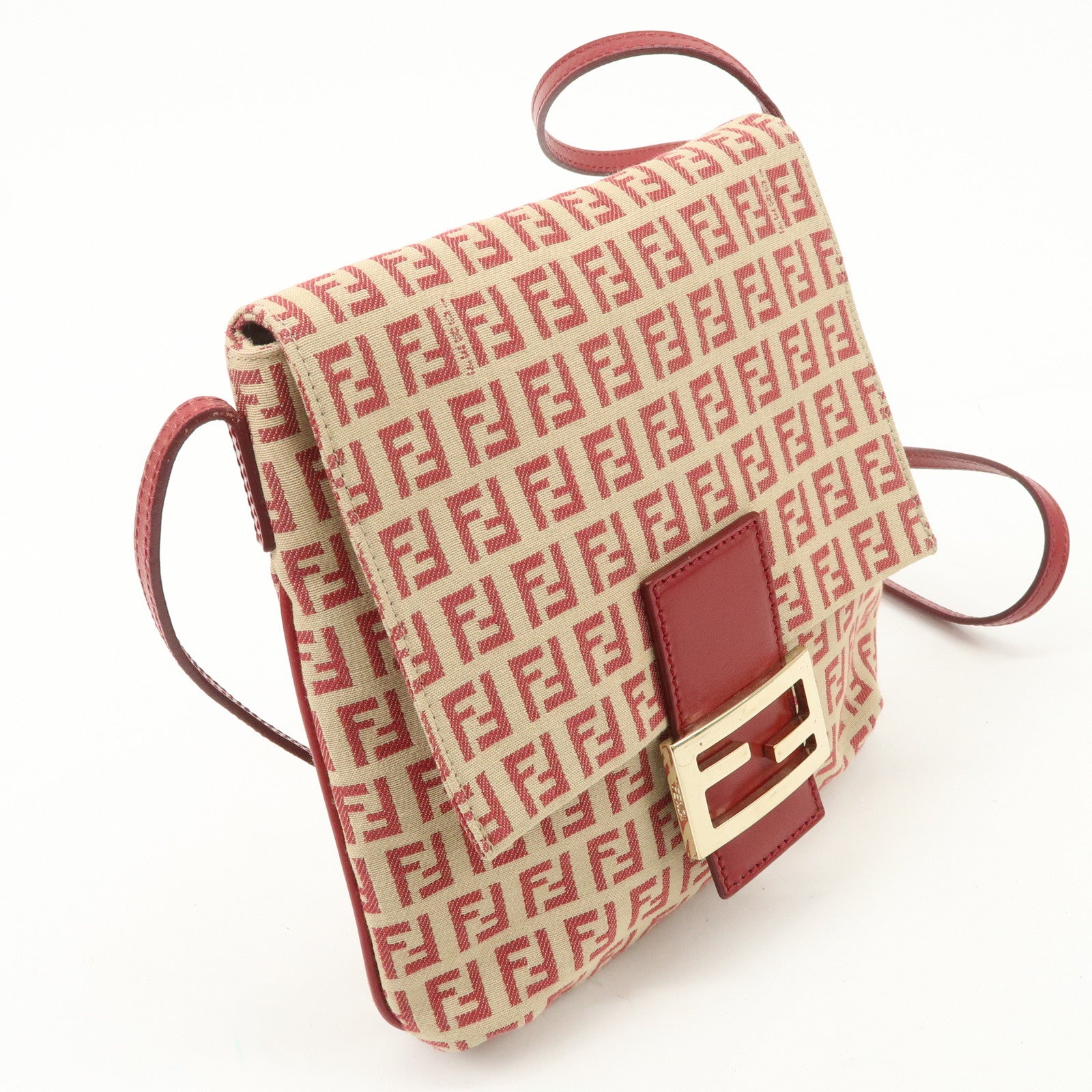 FENDI Zucchino Canvas Leather Shoulder Bag Beige Red 8BT075
