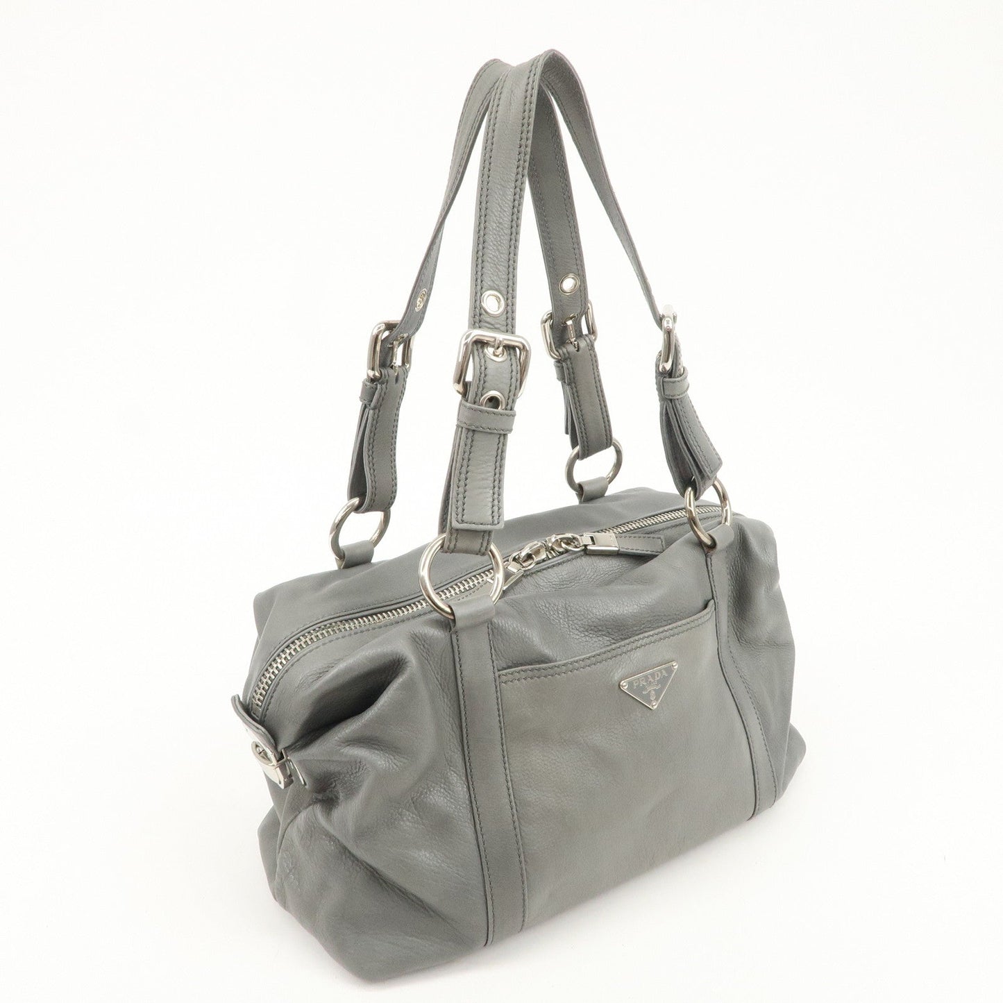 PRADA Leather Boston Bag Shoulder Bag Gray Silver Hardware