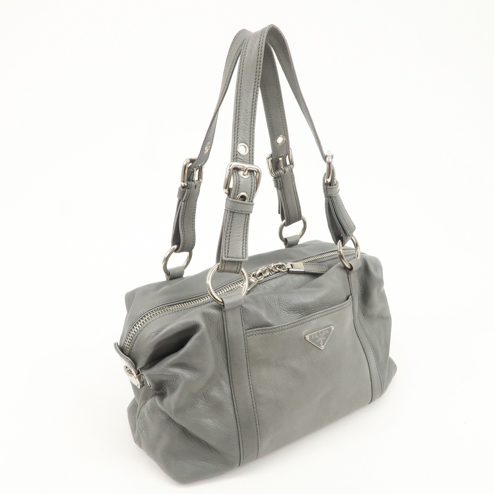 PRADA Leather Boston Bag Shoulder Bag Gray Silver Hardware