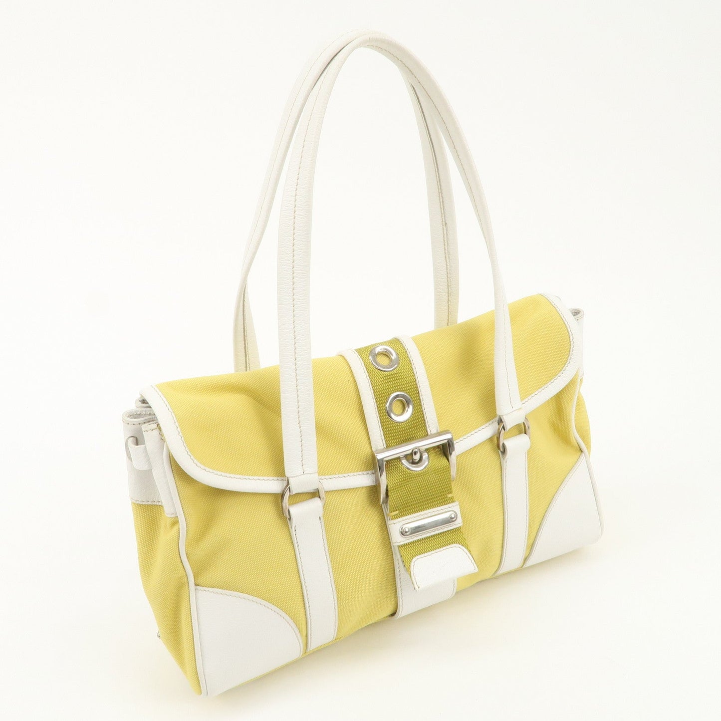 PRADA Triangle Logo Canvas Leather Shoulder Bag Yellow Silver HDW
