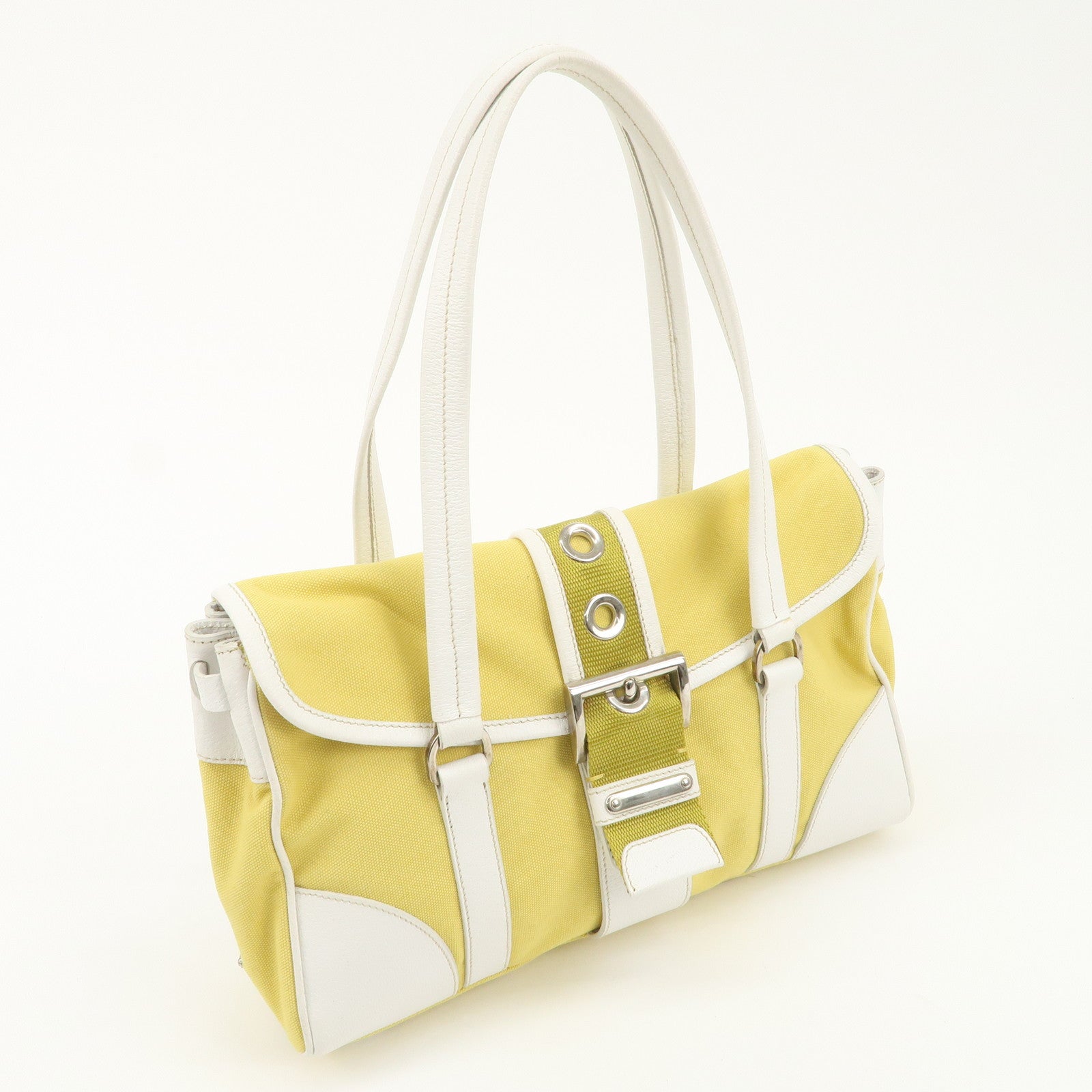 PRADA Triangle Logo Canvas Leather Shoulder Bag Yellow Silver HDW