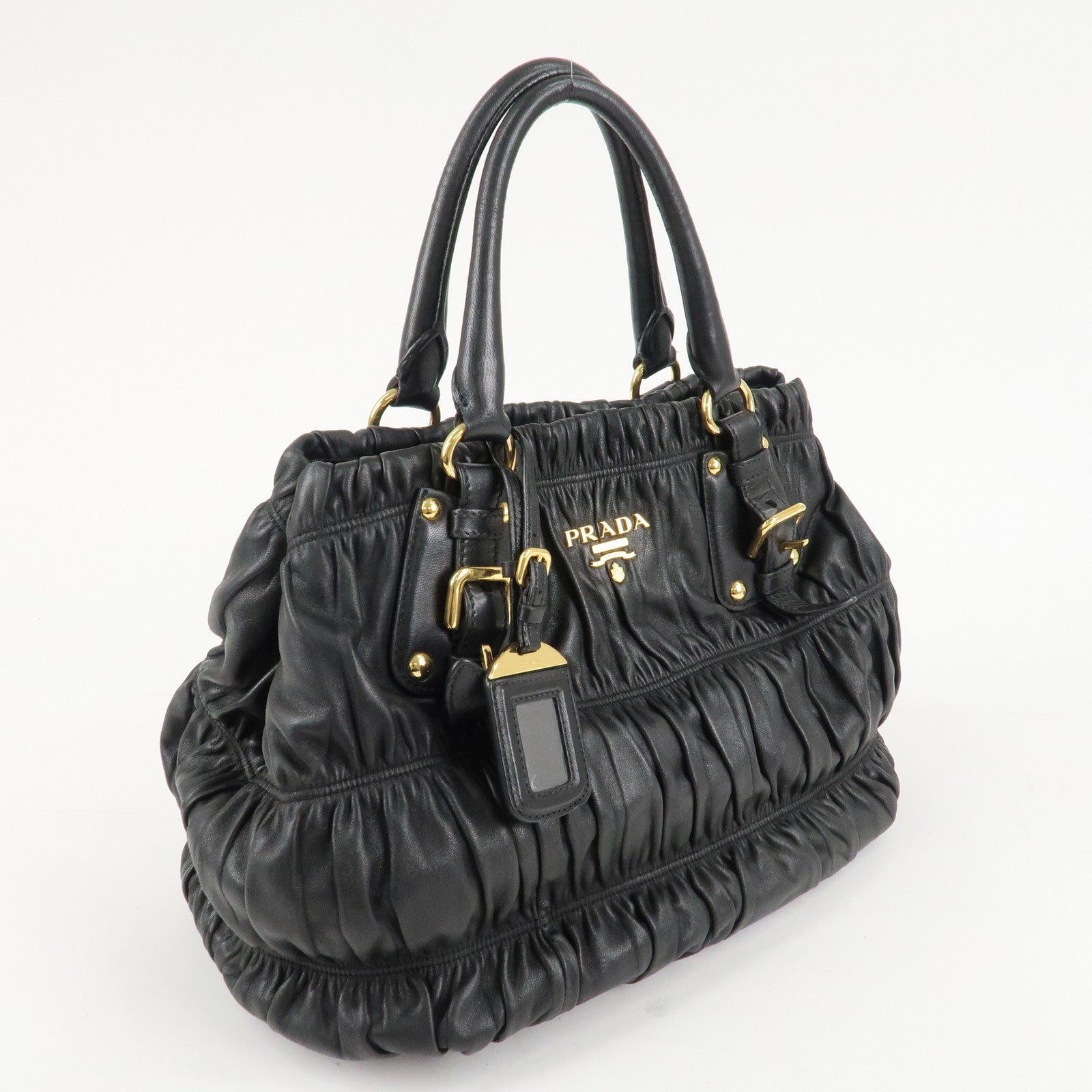 PRADA Leather 2Way Bag Hand Bag Shoulder Bag Black Gold HDW