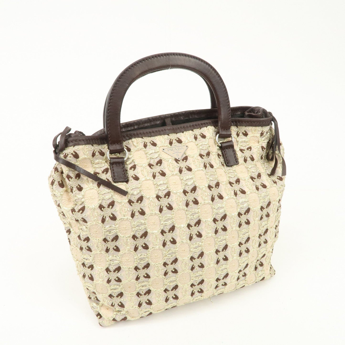 PRADA Tweed Flower Embroidery Tote Bag Beige Gold Dark Brown