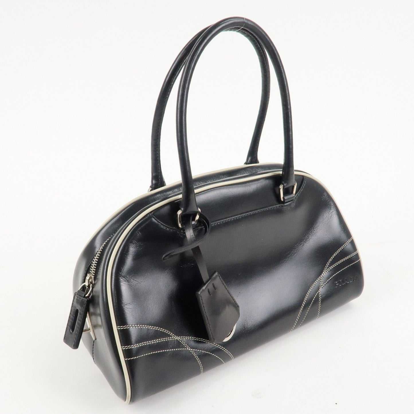 PRADA Leather Mini Boston Bag Shoulder Bag Black Silver HDW
