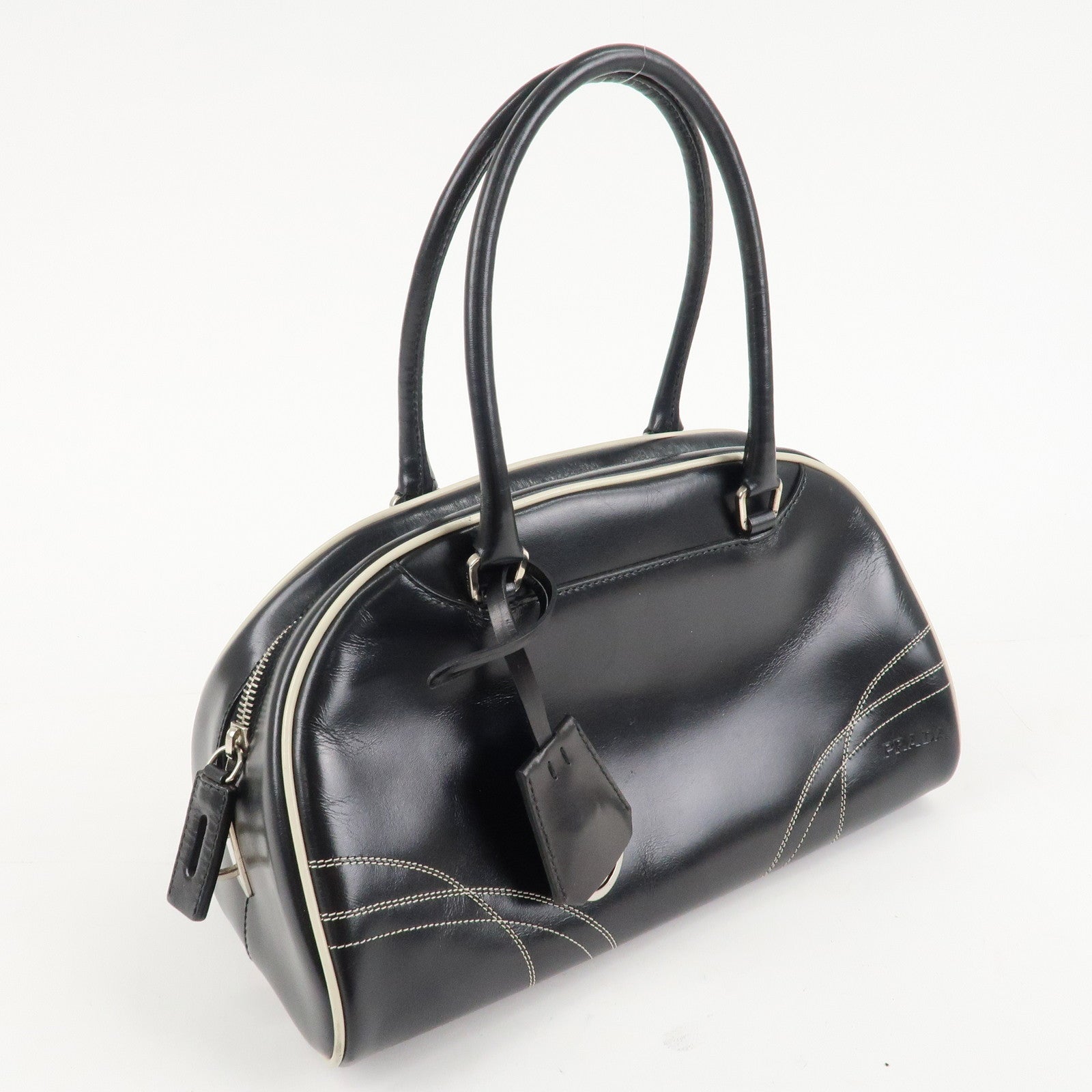 PRADA Leather Mini Boston Bag Shoulder Bag Black Silver HDW