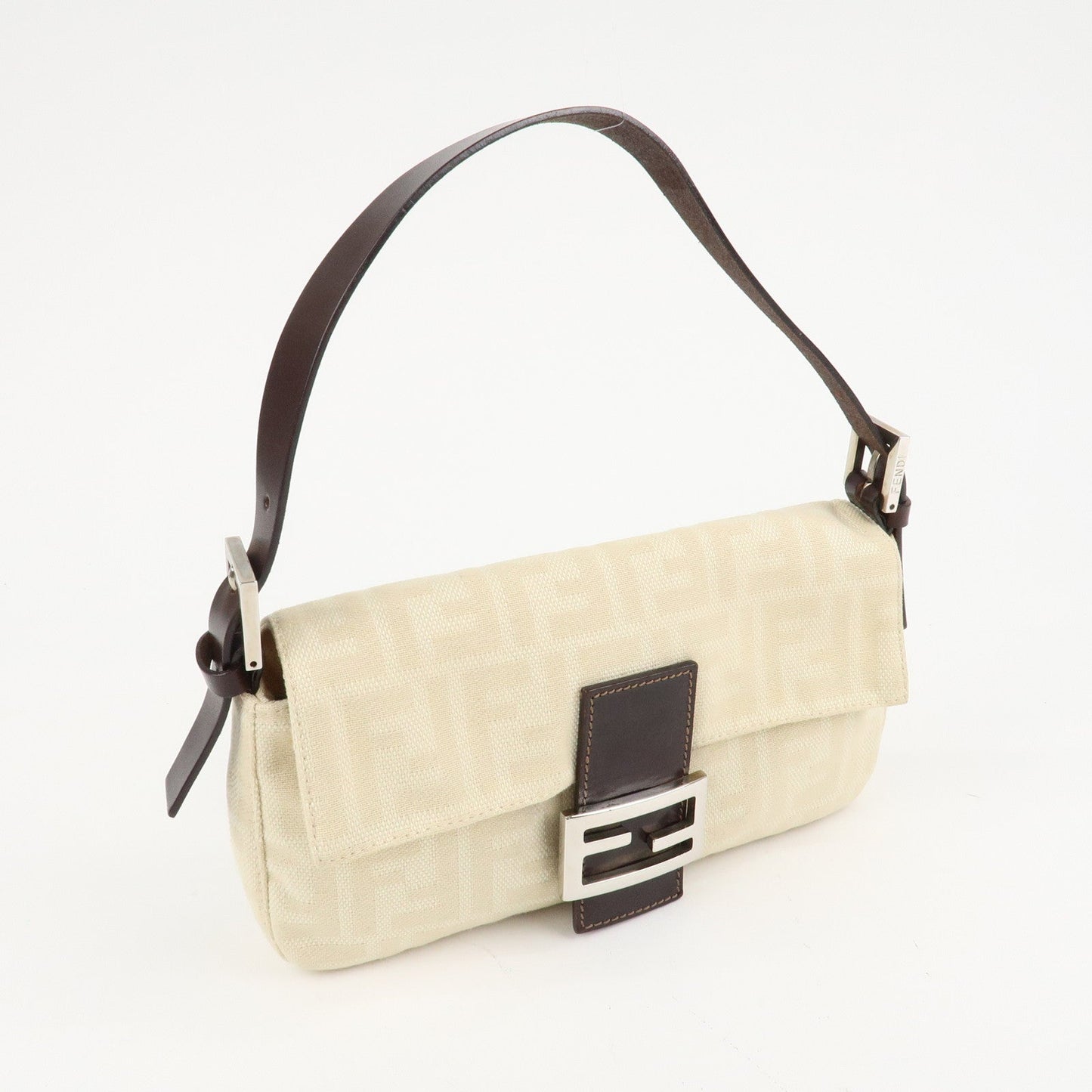 FENDI Mamma Baguette Zucca Canvas Shoulder Bag Beige White 26424